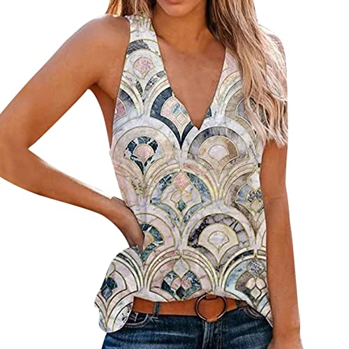 4 Pack Women's Summer Casual V-Neck Sleeveless Tank Tops - Trendy Tribal Print Yoga Shirts for Workout, Sports & Beach Wear (Beige, XL) - Perfect for Gym, Running, Travel and Everyday Fashion