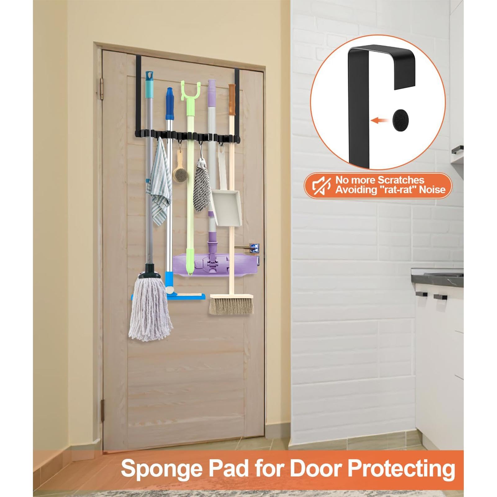 Metal Door Mount Broom Holder - Space Saving Wall Mounted Brush Organizer for Kitchen, Bathroom, Home & Office | No Drill Installation for Easy Storage of Brooms, Mops & Cleaning Tools