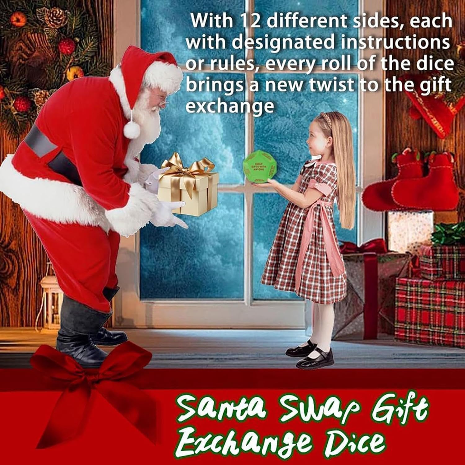 Santa Swap Gift Exchange Dice Game - 2025 New Christmas Party Game for Family & Friends - Oversized Holiday Decoration Die with 12 Unique Sides (1 Piece) - Perfect for Secret Santa, White Elephant, and Holiday Party Activities