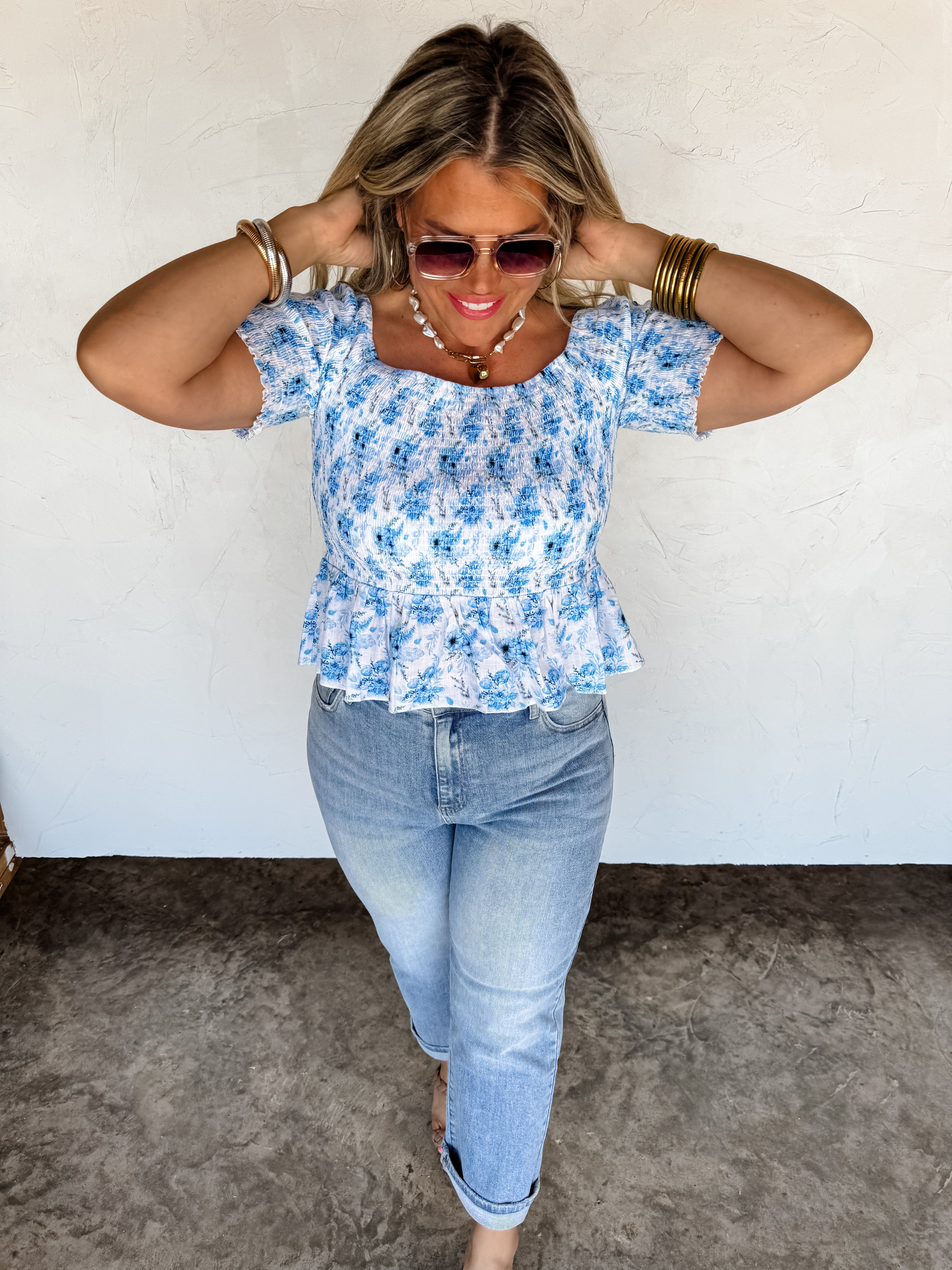 Essie Floral Smocked Top Women's Blouse - Elegant Ruffled Sleeves & Floral Print - Perfect for Spring Outfits, Date Nights & Summer Vacations