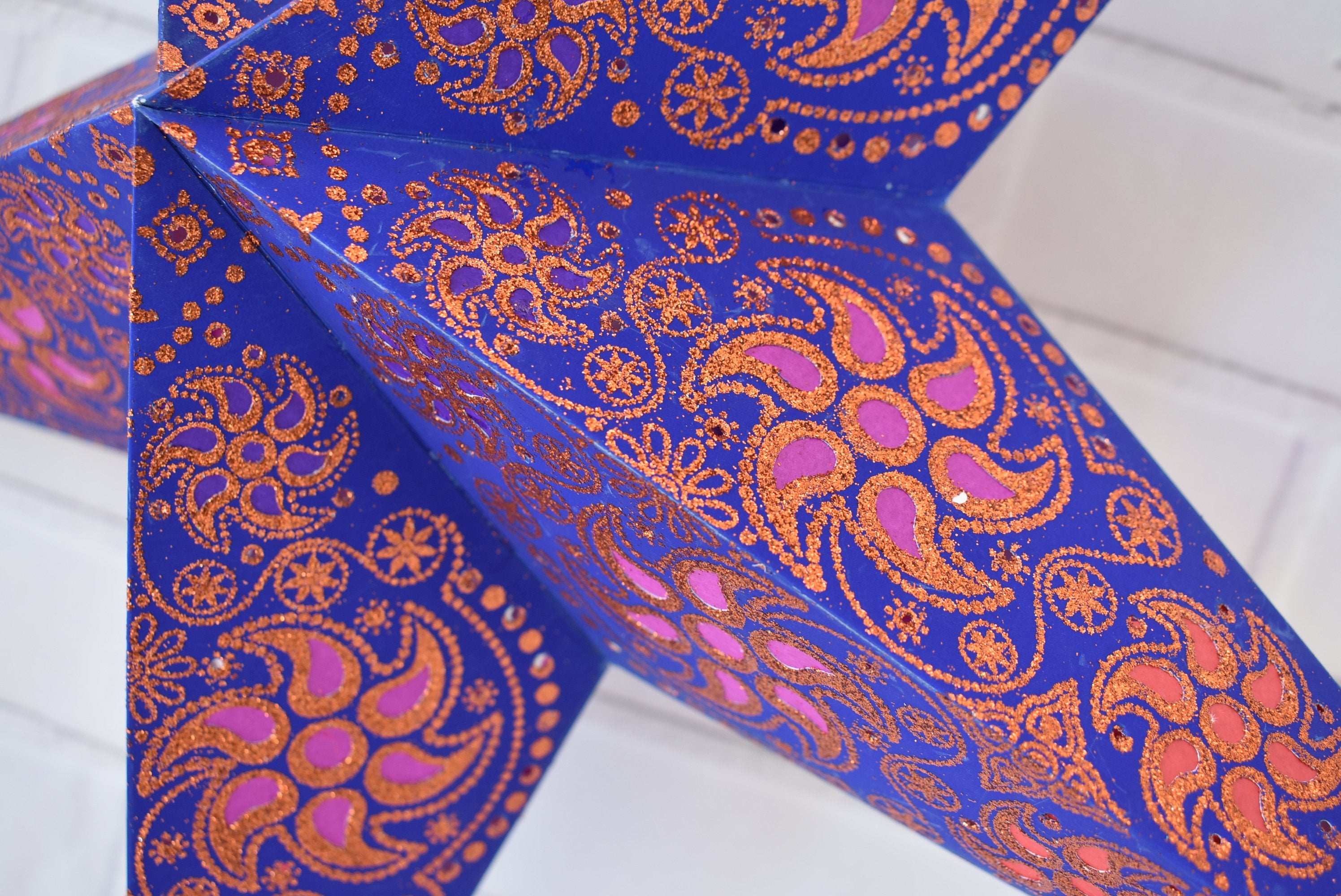 24 Inch Blue & Copper Glitter Wind Paper Star Lantern - Hanging Party Decor for Wedding, Baby Shower, Christmas & Home Decoration
