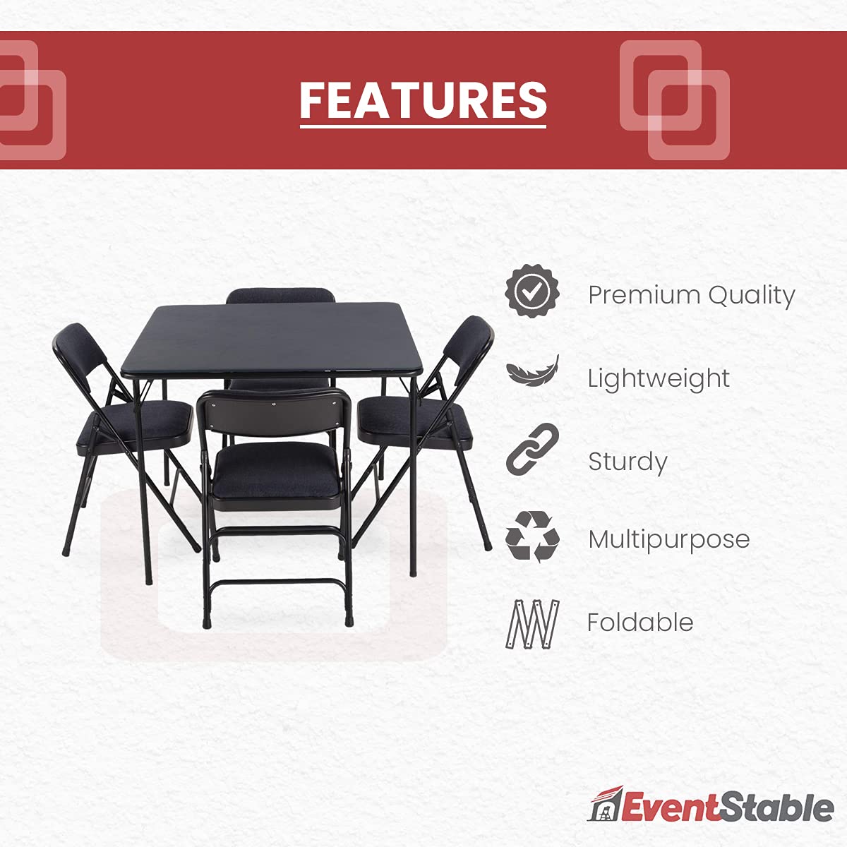 EventStable Titan Series 5-Piece Folding Card Table and Metal Chair Set - Navy Blue Fabric for Game Nights, Parties, and Outdoor Gatherings