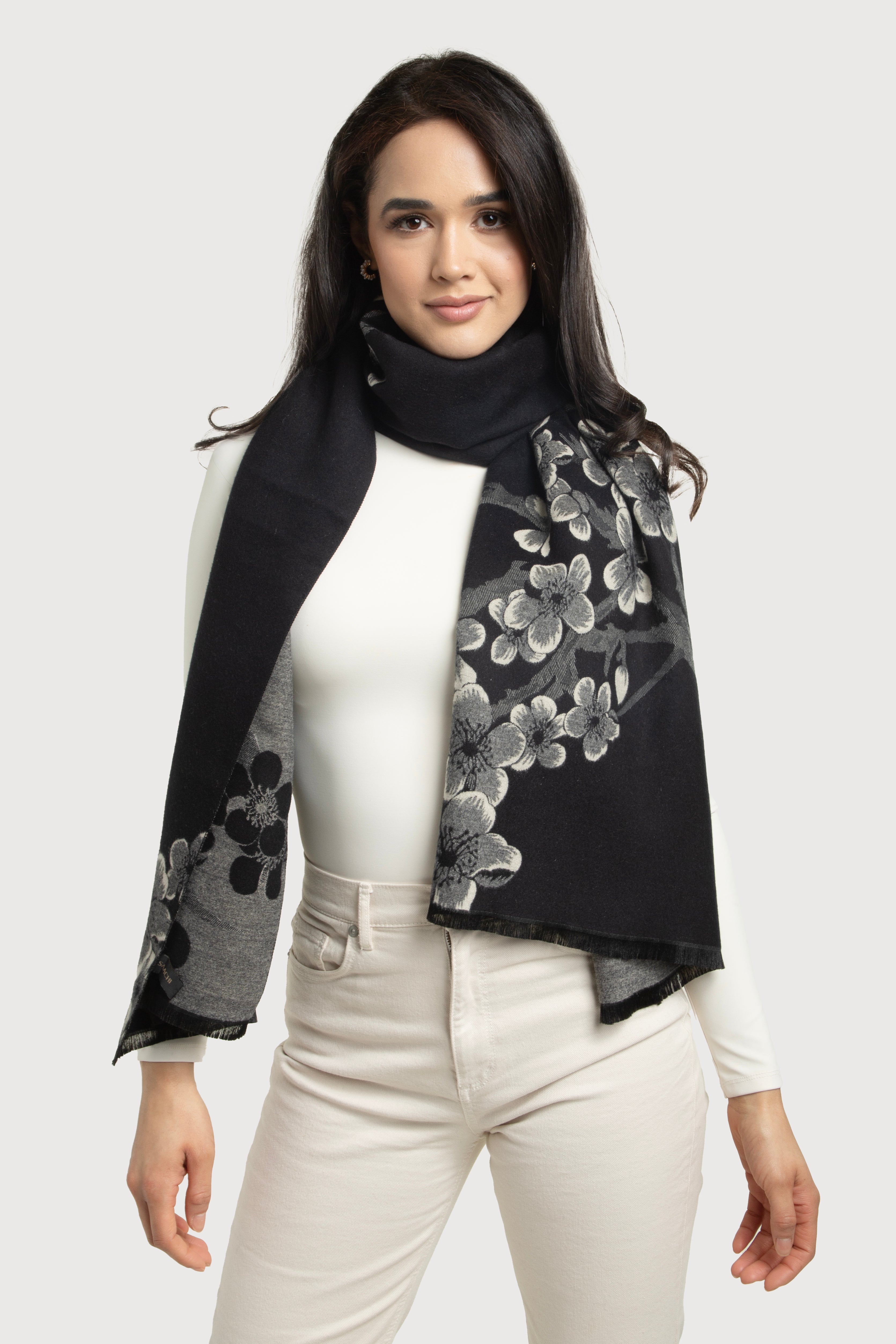 Two-Tone Floral Reversible Scarf - Soft Lightweight Womens Fashion Accessory for Spring & Fall Outfits, Travel and Office Wear