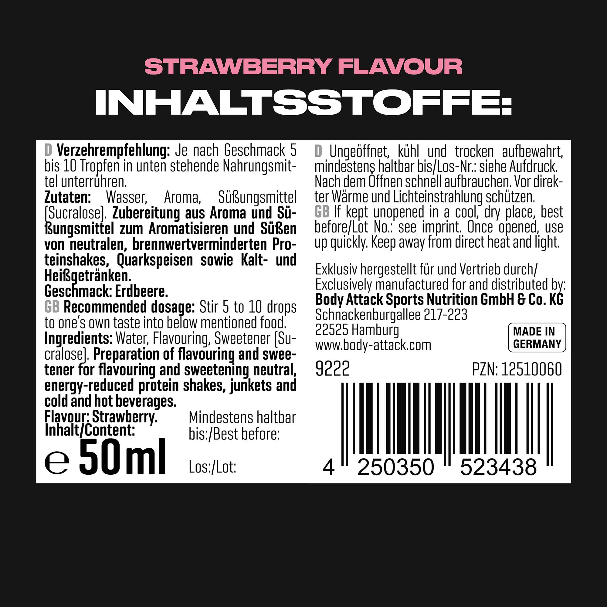 Body Attack Aroma Flav Drops Strawberry 50ml - Natural Flavor Enhancer for Water & Tea - Perfect for Gym, Workout & Healthy Lifestyle