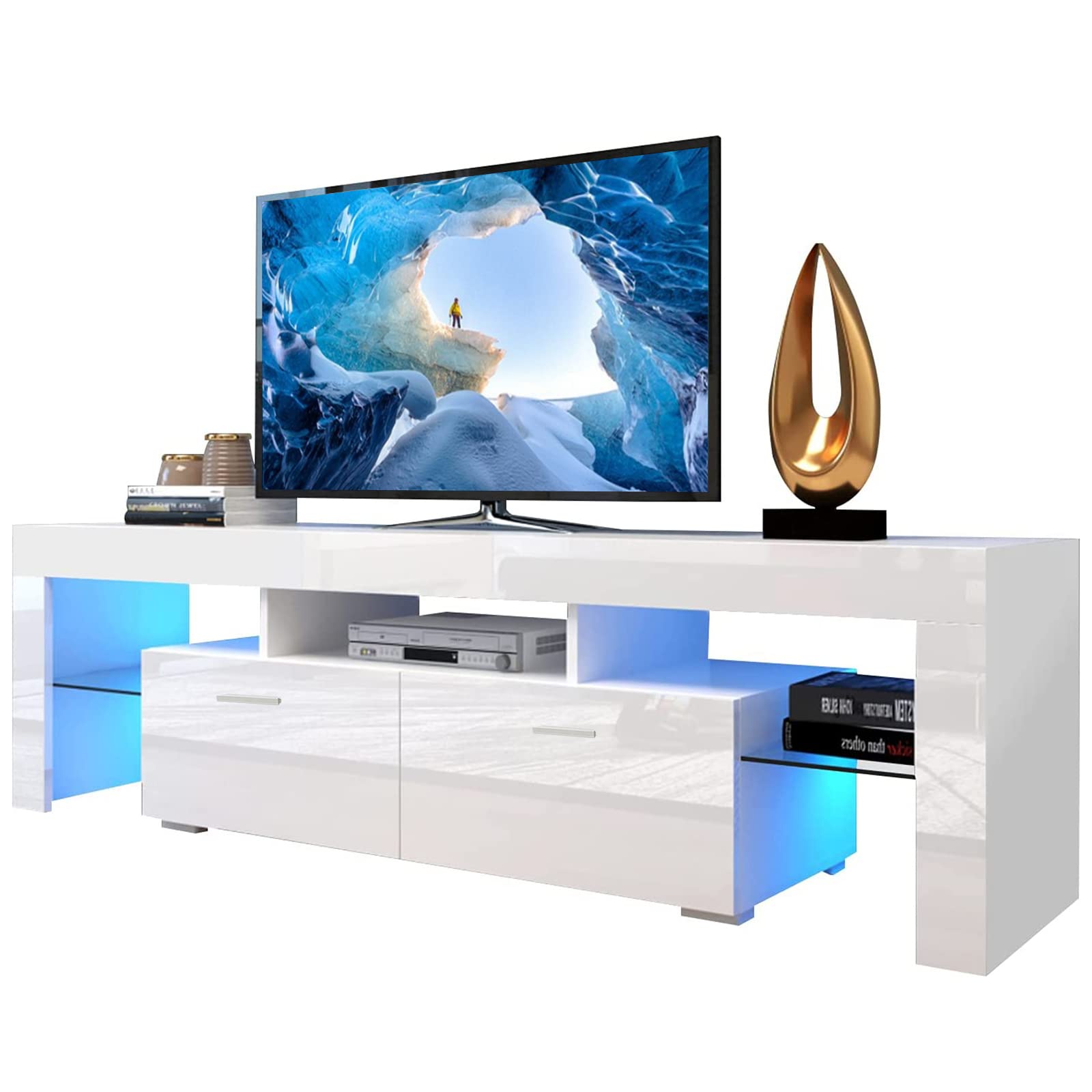 Binrrio 70 Inch LED TV Stand with Storage Cabinet - High Gloss Entertainment Center, Media Console Table for Living Room - Quick 30-Min Assembly, White - Perfect for Home Theater & Living Room Organization