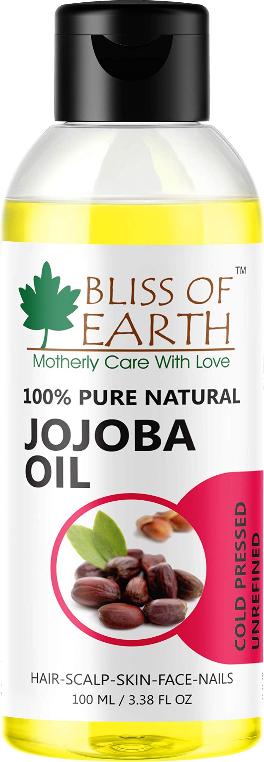 100% Pure Natural Cold-Pressed Unrefined Jojoba Oil - Bliss of Earth (100ml) for Face, Hair & Skin Care - Organic Moisturizer for Dry Skin & Hair Growth