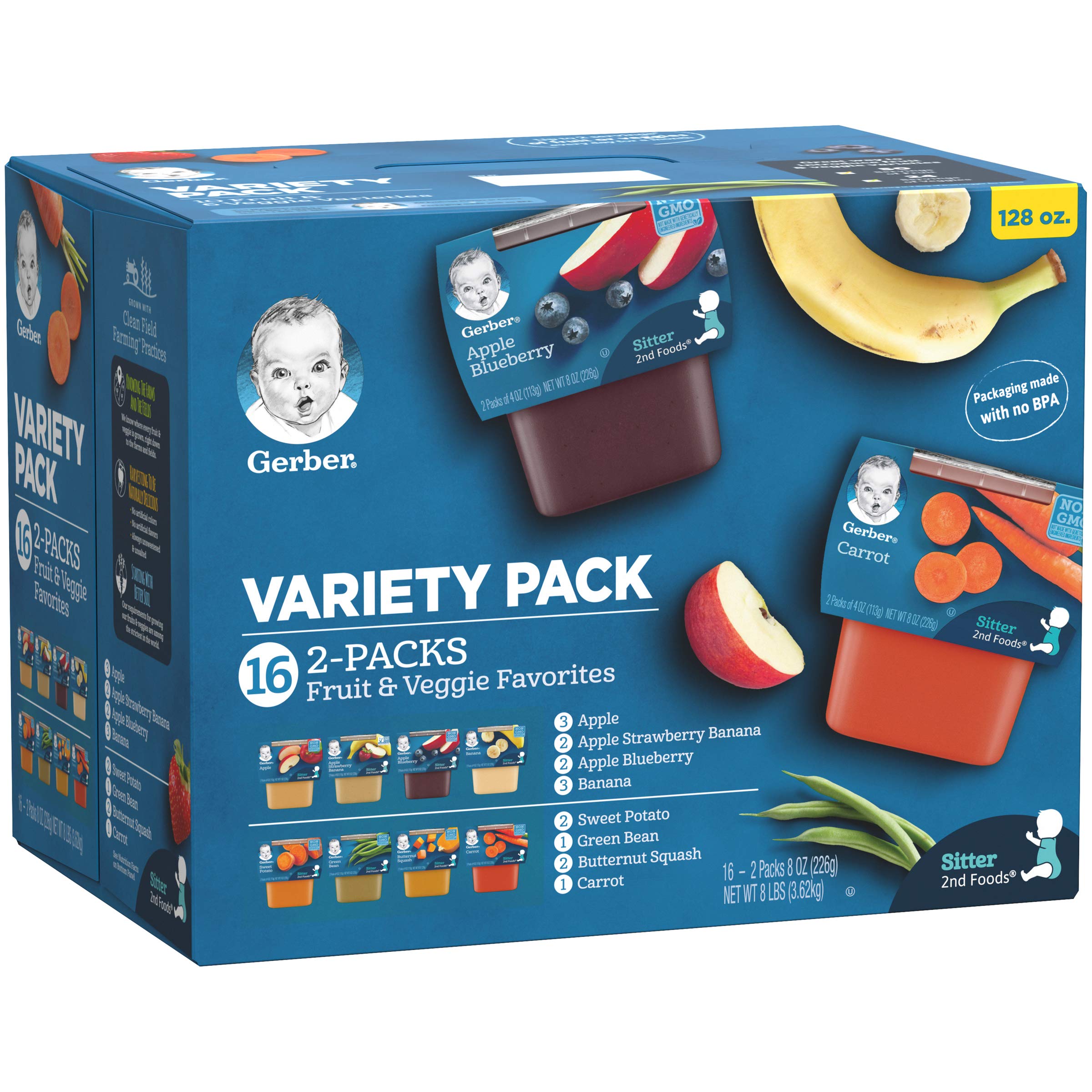 Gerber Purees 2nd Foods Veggie & Fruit Variety Pack - 8oz (16 Count) & Assorted Fruit Toddler Pouch Variety Pack (18 Count) | Organic Baby Food for On-the-Go, Travel & Snack Time | Packaging May Vary