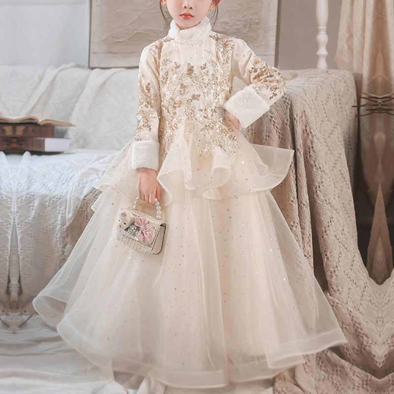 Elegant Champagne Sequined Organza A-Line Dress with Lace Long Sleeves - Perfect for Weddings, Parties & Special Occasions