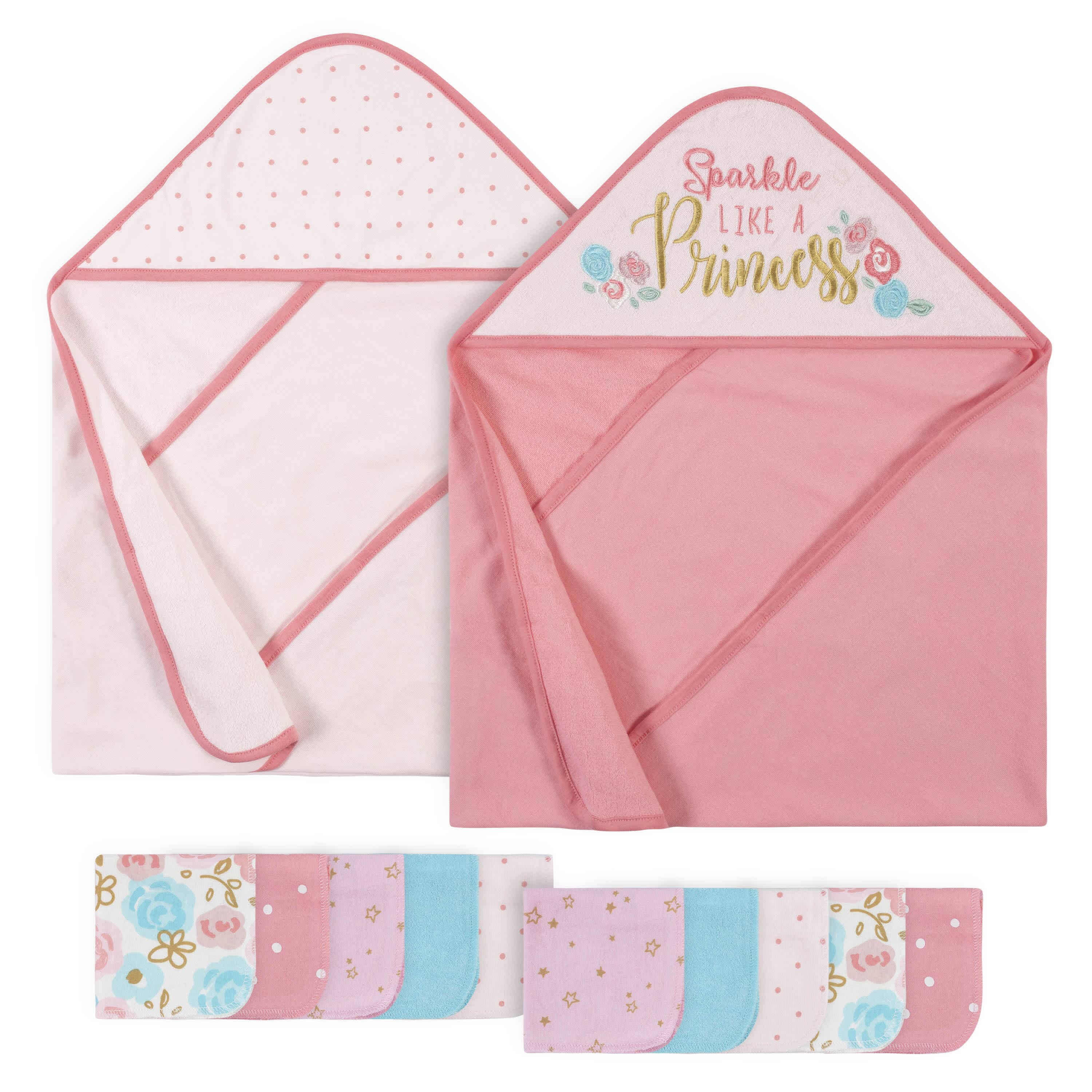 12-Piece Baby Girls Princess Hooded Towel & Washcloth Set - Soft & Absorbent Bath Towels for Toddlers - Perfect for Bath Time, Spa Day & Gift Giving