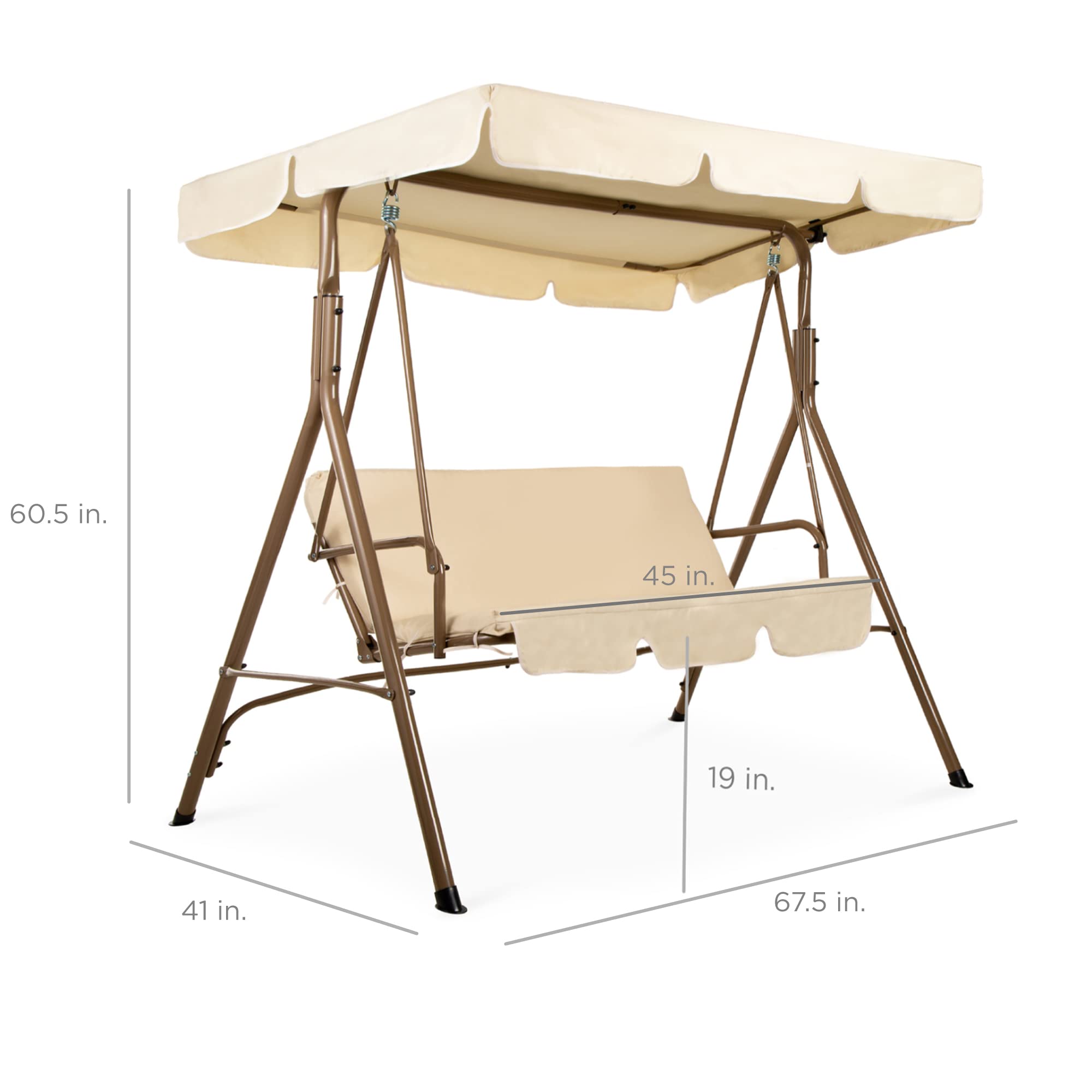 Best Choice Products 2-Person Outdoor Patio Swing Chair with Convertible Canopy - Hanging Glider Porch Bench for Garden, Backyard, Poolside - Adjustable Shade & Removable Cushions - Beige - Perfect for Relaxing, Reading, and Enjoying Outdoor Spaces