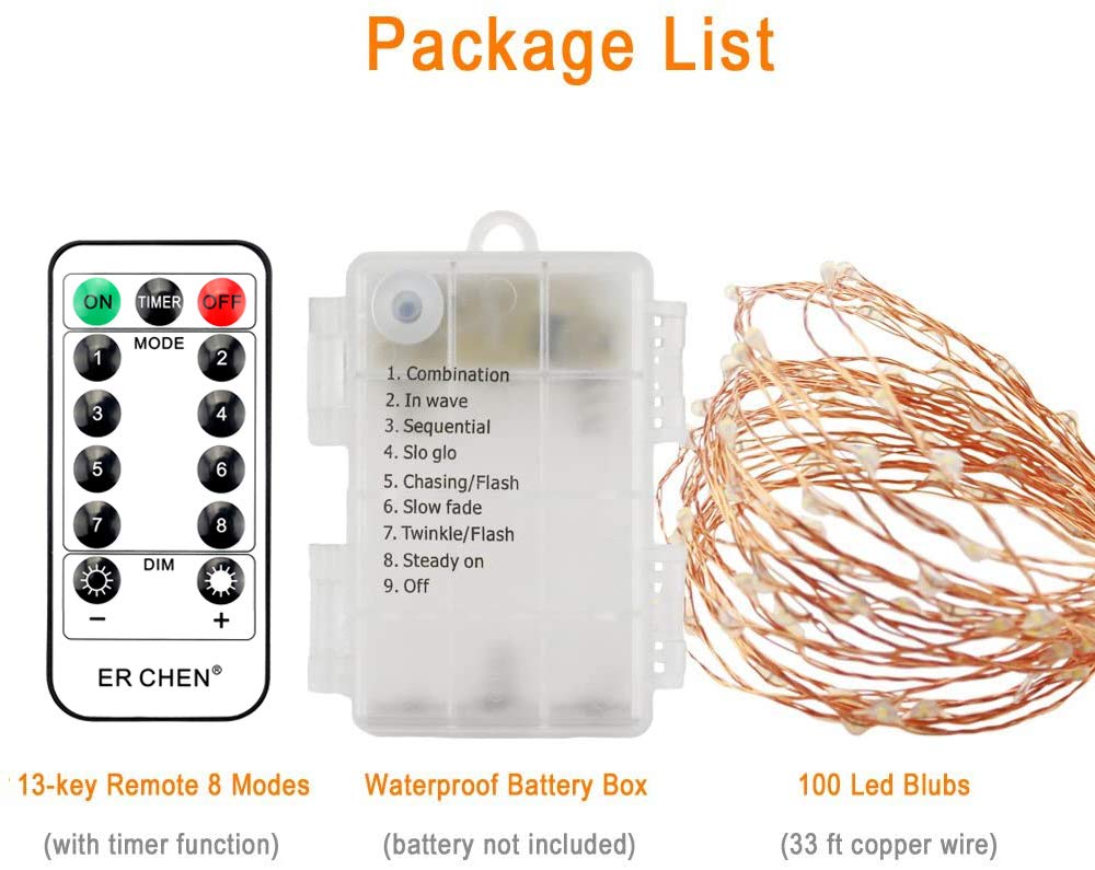 ErChen 33FT 100 LED Copper Wire String Lights - Battery Operated, 8 Modes Dimmable, Waterproof Fairy Lights with Remote Control & Timer - Perfect for Indoor, Outdoor, Christmas, Wedding, Party, Garden Decoration (White)