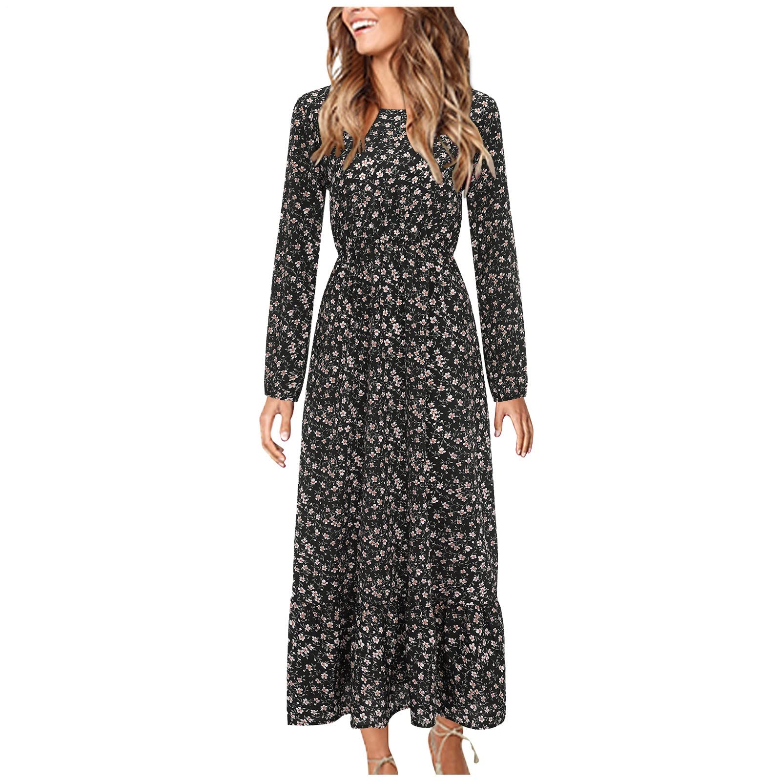 Elegant Floral Print Long Sleeve Ruffle Dress for Women - Flowy Casual Summer Dress with Feminine Details | Perfect for Brunch, Date Night & Office Wear
