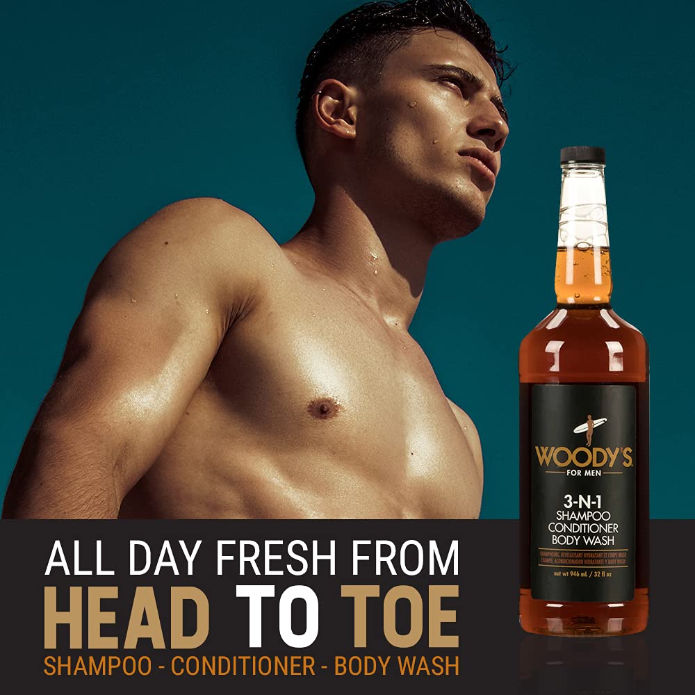 Woody's 3-in-1 Men's Body Wash, Shampoo & Conditioner - Marine Extracts, Cucumber & Aloe Vera Multipurpose Cleanser - 32 Fl Oz for Gym, Travel & Daily Shower Routine