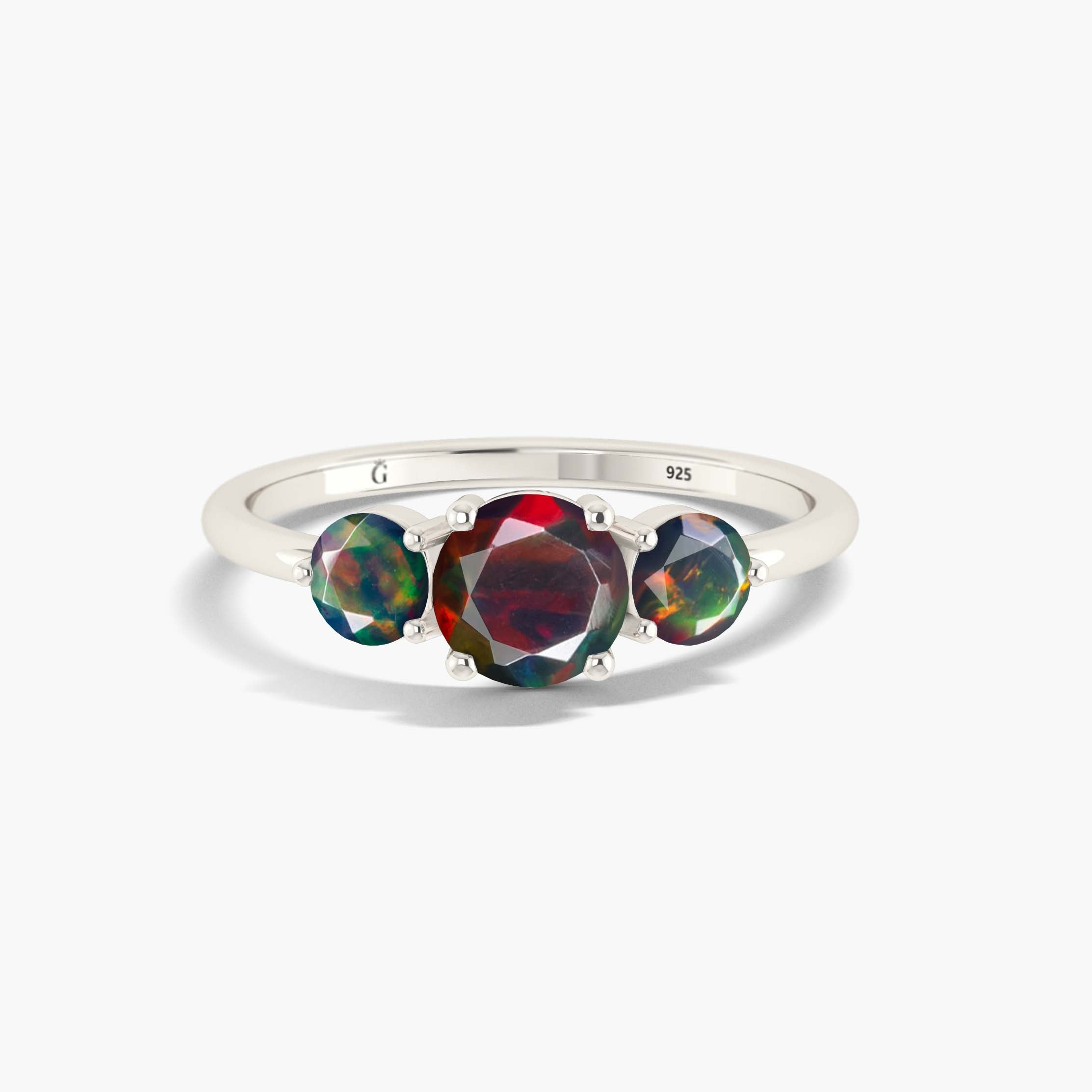 Elegant 3 Round Black Fire Opal Ring for Women | Sterling Silver Gemstone Jewelry | Perfect for Date Night, Wedding & Special Occasions