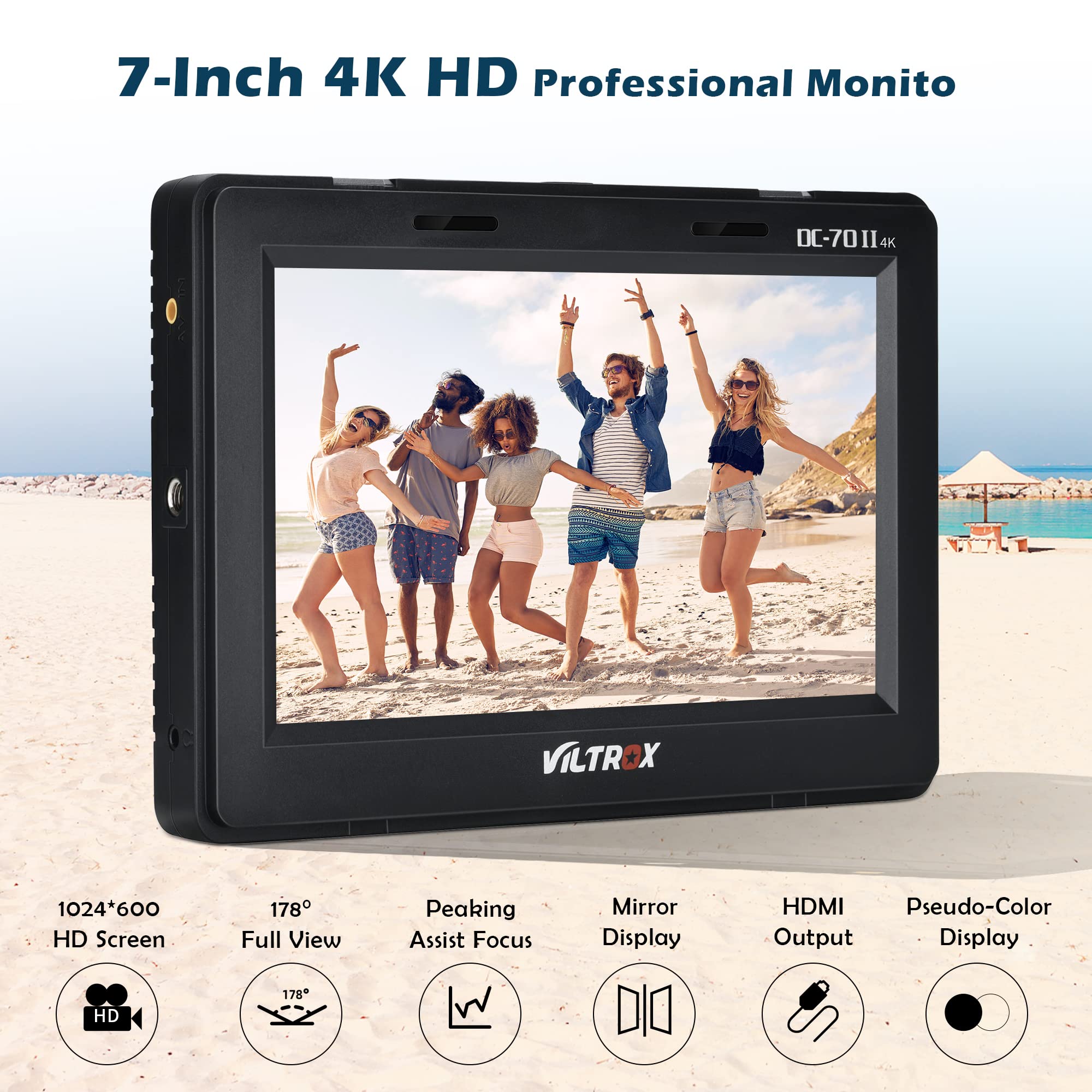 VILTROX DC-70 II 7 Inch 4K HDMI Camera Field Monitor with Peaking Focus Assist - Compatible with Canon Nikon Sony DSLR Cameras - Includes Sunshade Hood & Battery for Outdoor Photography and Videography