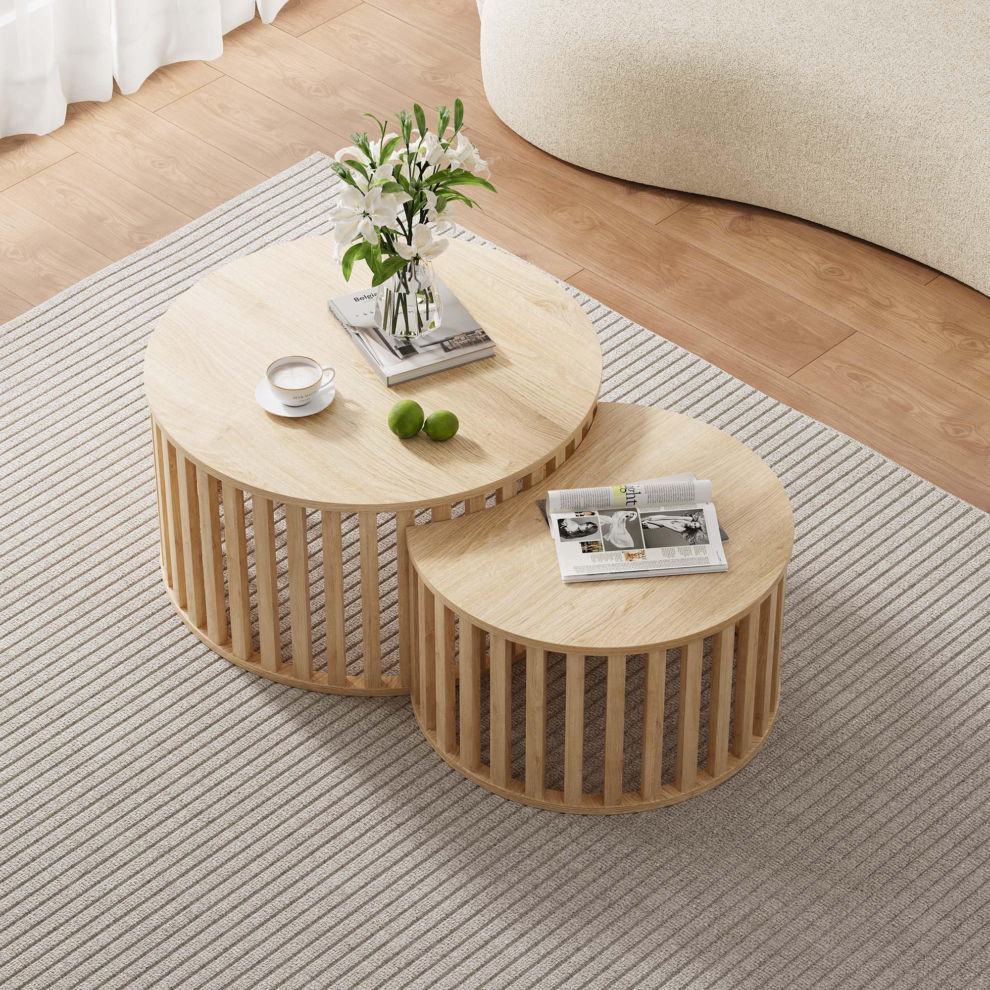 Modern Round Fluted Nesting Coffee Table Set of 2 - Wood Grain Top with Strip Frame, Circular Side End Table with Storage - Perfect for Living Room, Bedroom & Office (Natural)