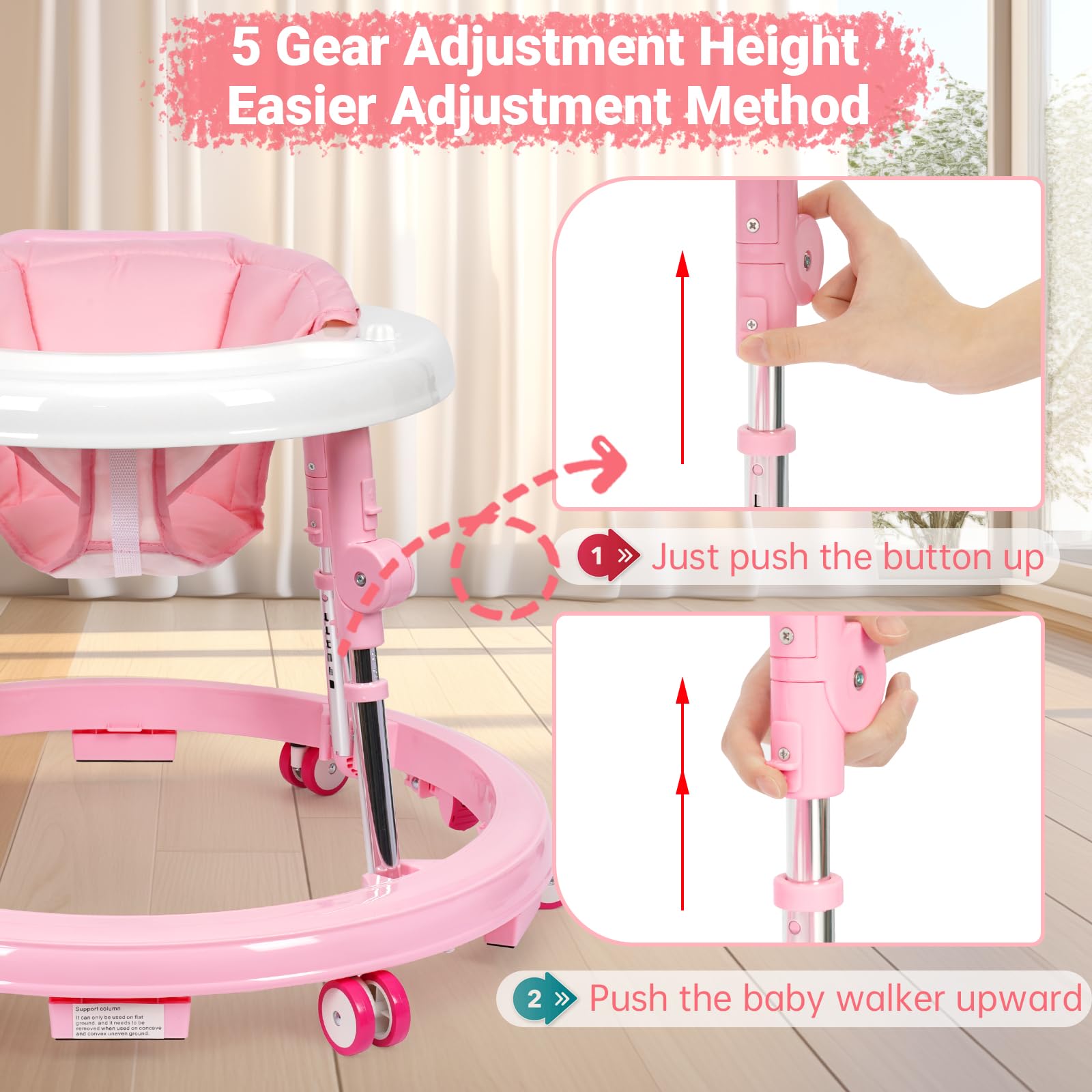 Foldable Music & Lights Baby Walker with 9 Adjustable Heights - Portable Wheeled Activity Center for Boys & Girls 7-18 Months (Pink) - Perfect for Learning to Walk & Indoor Playtime