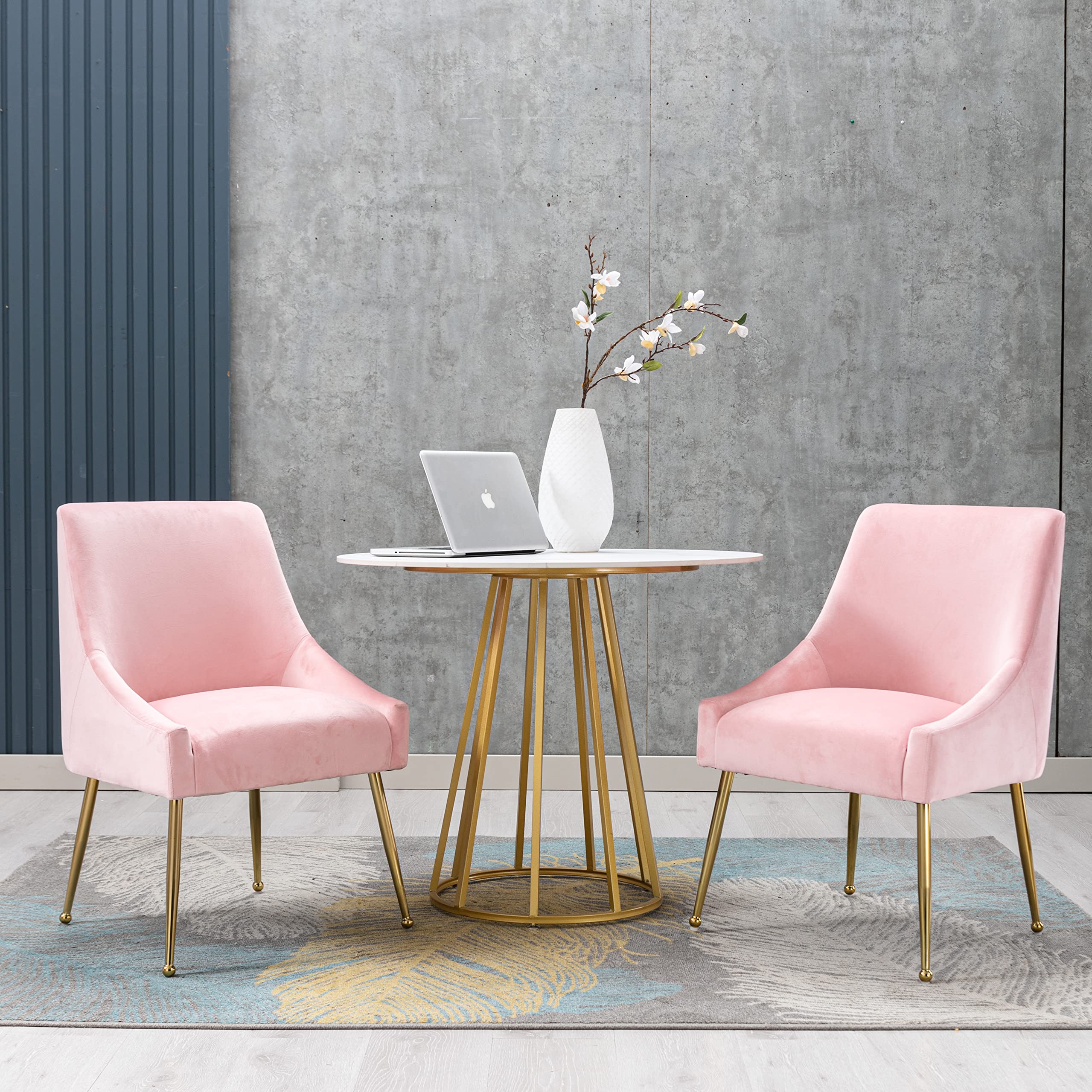 Luxury Modern Velvet Accent Chair Set of 2 - Thick Sponge Upholstered Dining Chairs with Golden Metal Legs for Dining Room, Bedroom, Living Room & Office Decor - Elegant Pink Velvet Seating for Home & Workspace