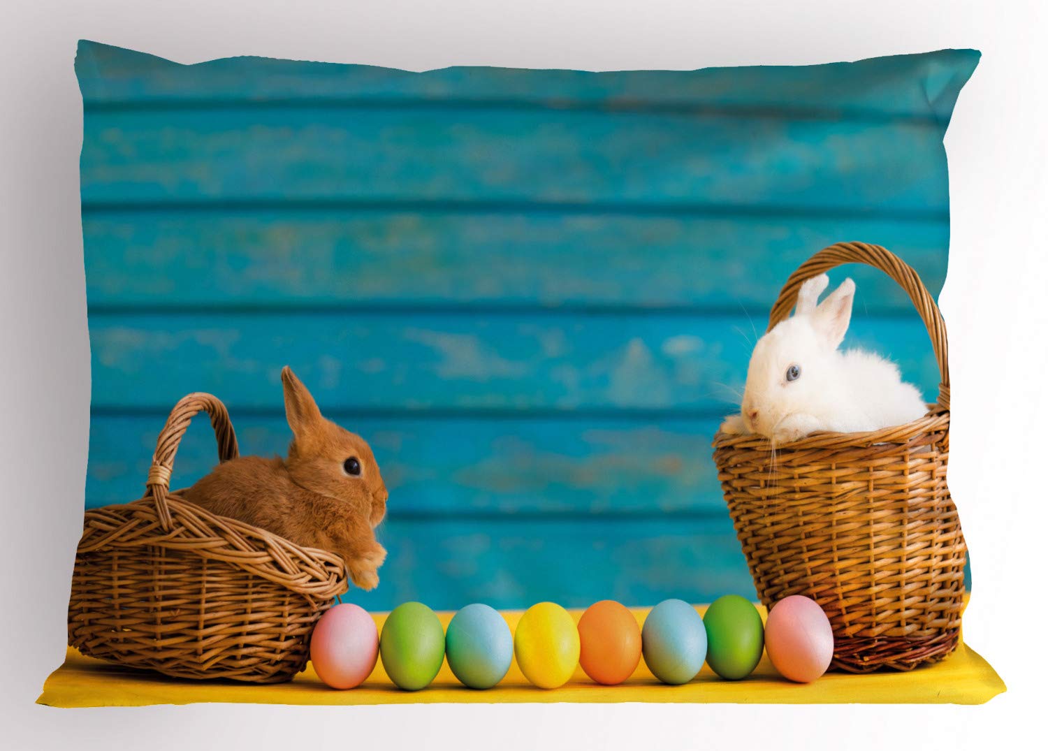 Ambesonne Easter Bunny Pillow Sham - 2 Easter Rabbits with Blue Wooden Background, Pastel Dyed Eggs, Decorative Standard Size Printed Pillowcase (26