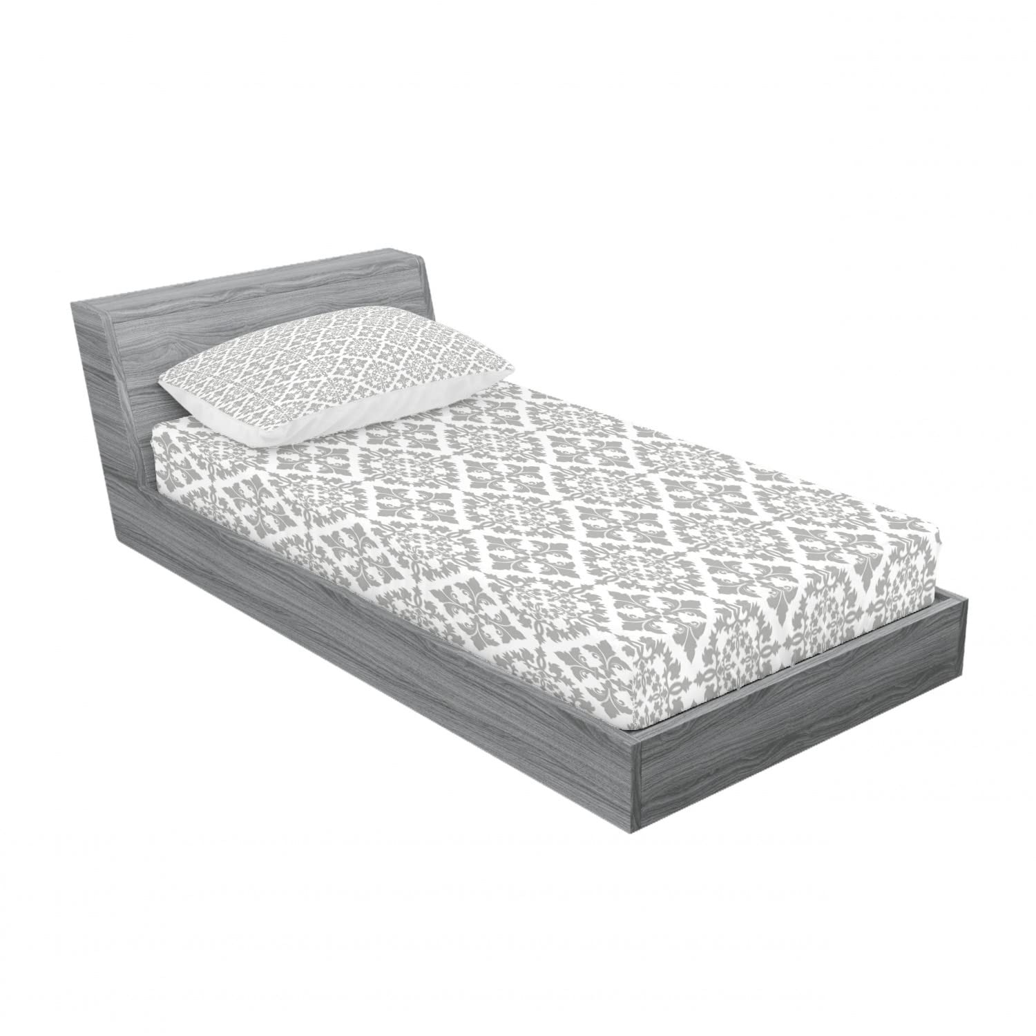 Ambesonne 2-Pack King Size Fitted Sheet Set with 4 Pillow Shams - Victorian Damask Floral Pattern Grey White Luxury Bedding for Master Bedroom & Guest Room Decor