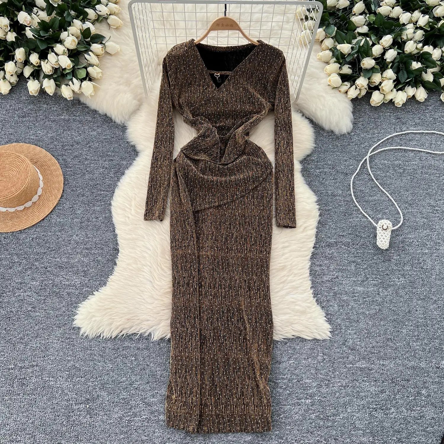 2024 Autumn Women's Fashion Elegant V-Neck Long Sleeve Slim Evening Dress - Black/Red Diamonds & Gold Hollow Out Design | Perfect for Parties, Weddings & Formal Events