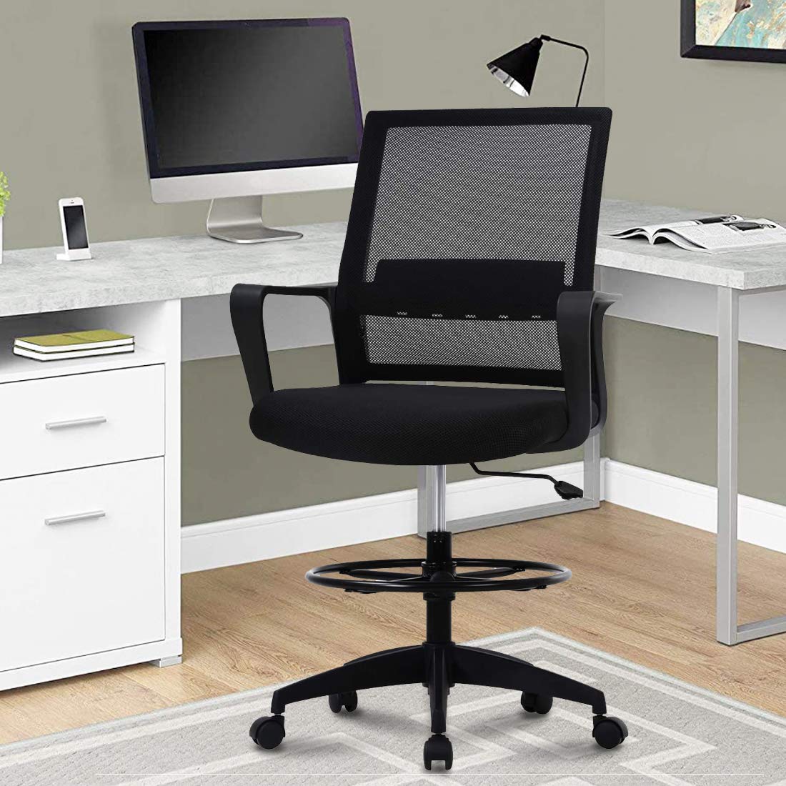 Ergonomic Drafting Chair - Adjustable Height Office Chair for Standing Desk with Lumbar Support & Foot Ring, 250lb Weight Capacity - Perfect for Architects, Artists & Home Office Workspaces