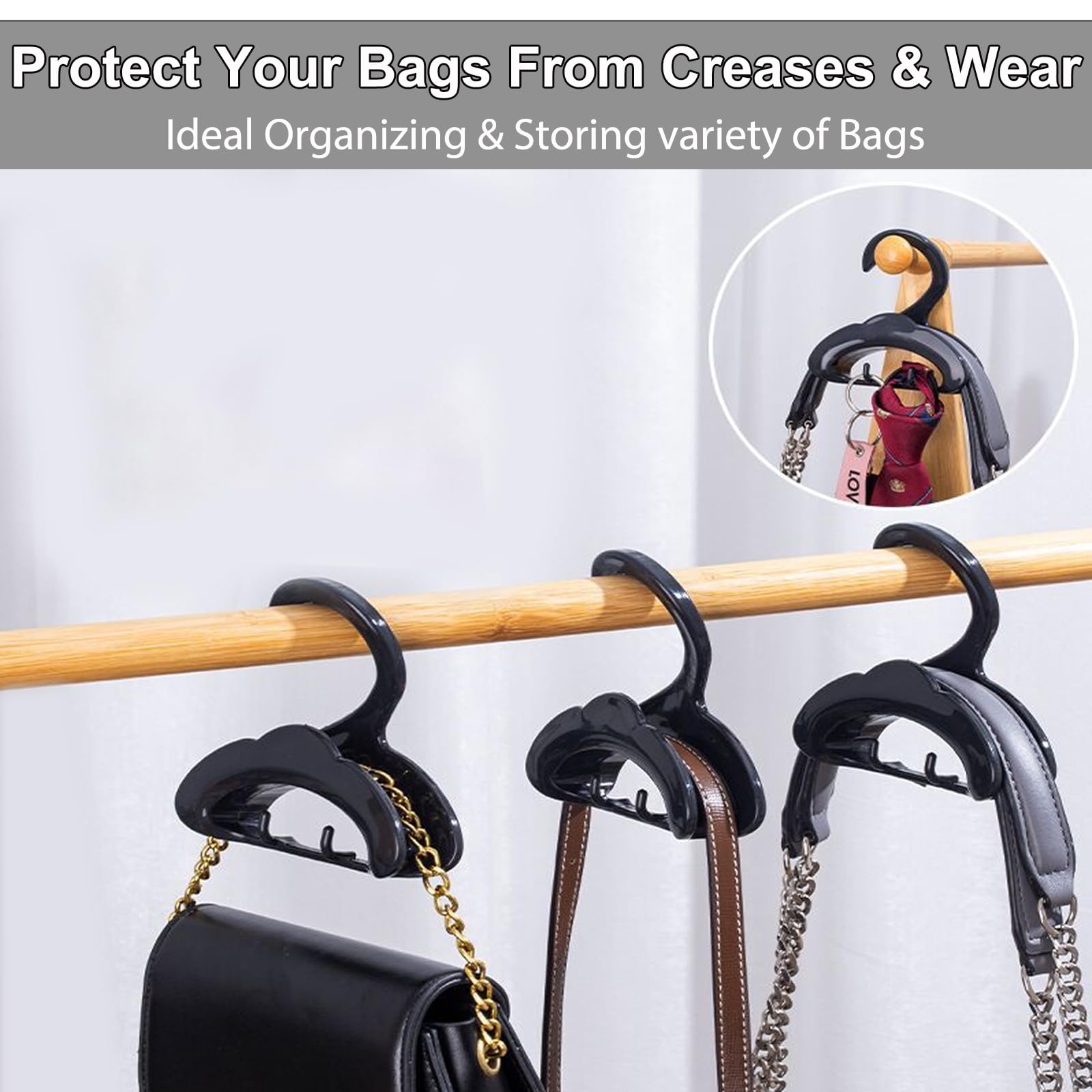 10-Pack Multi-Functional Purse Hangers for Closet - Space Saving Bag Organizer with 2 Hooks for Purses, Belts, Hats & Scarves - Prevents Bag Strap Damage - Perfect for Home, Office & Travel Organization (White)