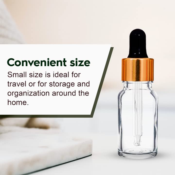 NSB Herbals 10ml Clear Round Empty Glass Bottle with Glass Dropper, Gold Ring & Black Silicone Teat - 6 Pack | Leakproof, Refillable for Essential Oils, Perfumes, DIY Beauty & Aromatherapy