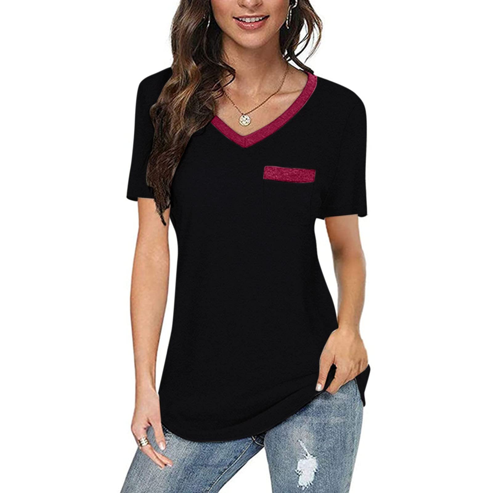 Women's Summer Short Sleeve V-Neck T-Shirt - Casual Loose Fit Split Side Blouse for Comfort | Perfect for Beach, Travel & Everyday Wear