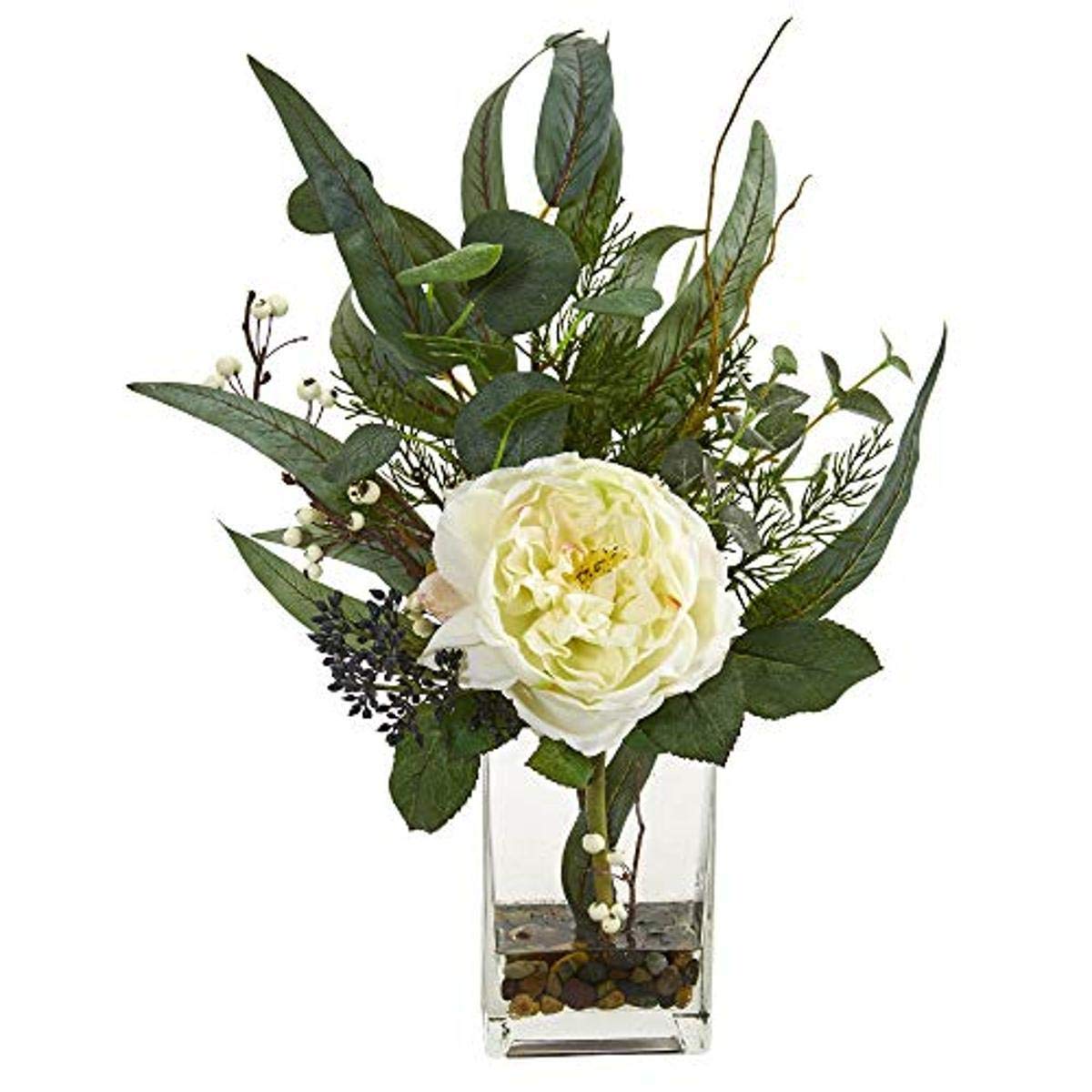 Nearly Natural 21-inch White Rose and Eucalyptus Silk Artificial Flower Arrangement - Elegant Home Decor for Living Room, Wedding Centerpiece, Office Desk
