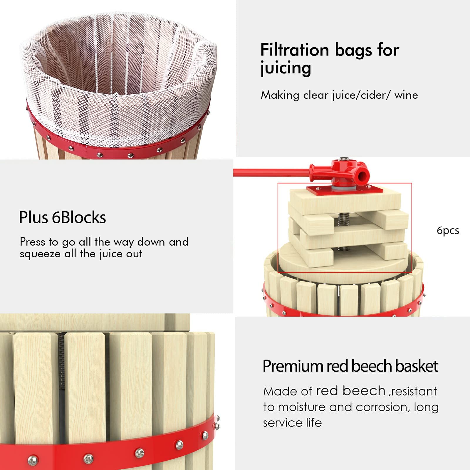 100% Natural Manual Fruit Crusher & Wine Press for Apples, Grapes, Berries - Includes Filter Bag | Perfect for Homemade Juice, Cider, Wine Making at Home