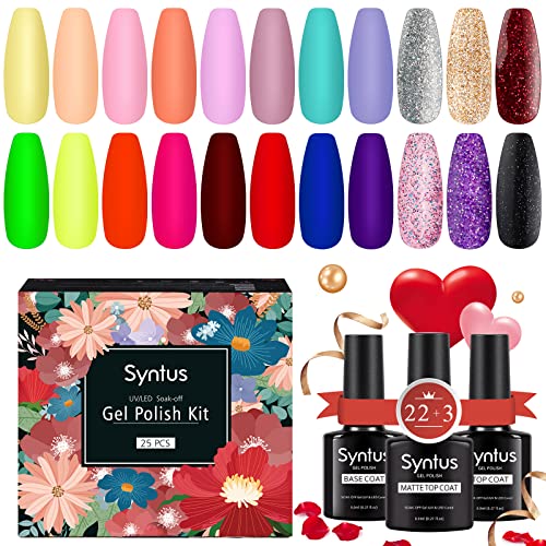Syntus 25 Pcs Gel Nail Polish Kit - Soak Off UV LED Nail Gel Set with 8ML Matte & Glossy Top Coat, Base Coat for Manicure & Nail Art | Salon & Home Use | Perfect for DIY Nails, Parties & Gift Giving