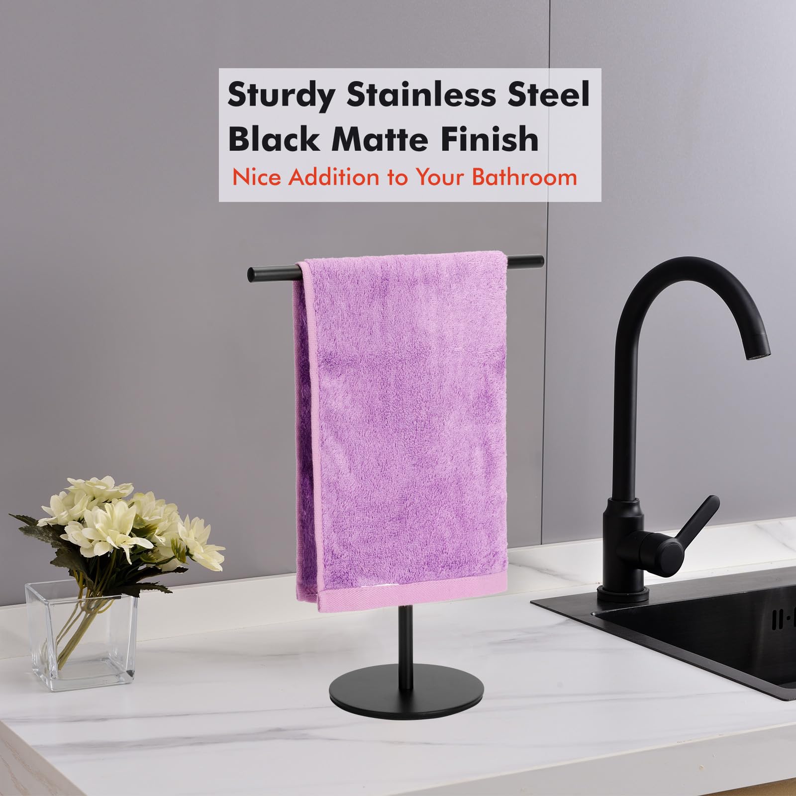 Stainless Steel Black Hand Towel Holder Stand - T-Shape Freestanding Towel Rack for Bathroom & Kitchen Countertop | Matte Black Finish | Perfect for Vanity, Sink Area & Guest Bathroom Organization