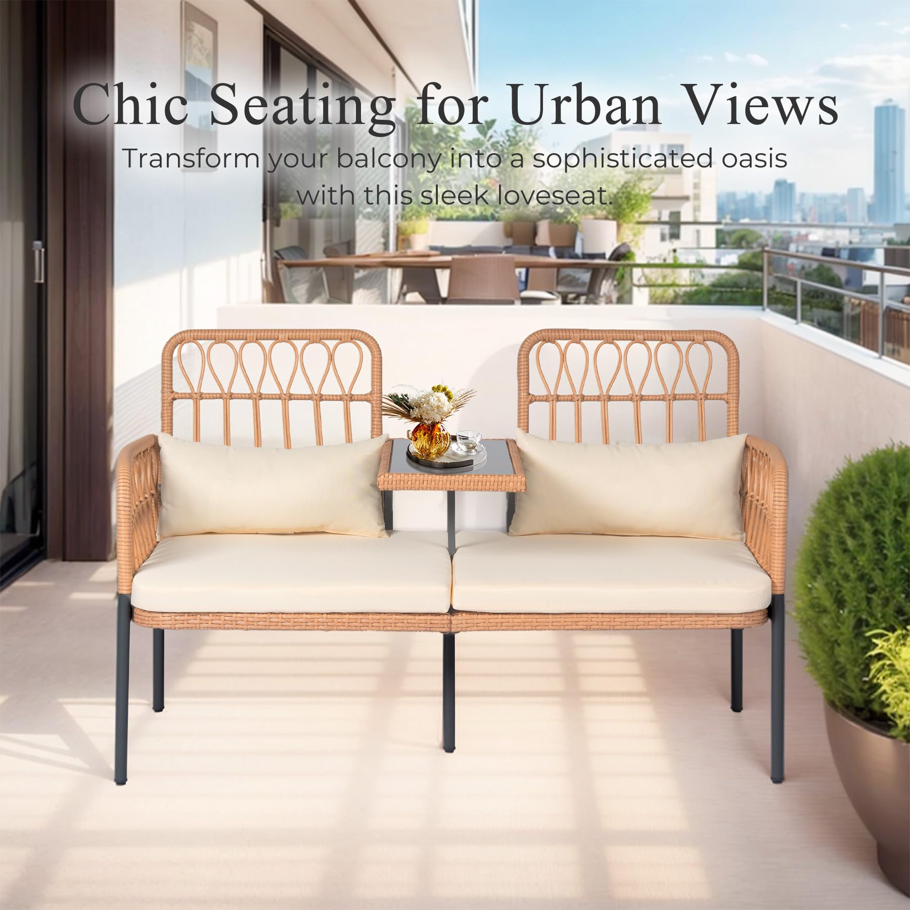 PROHIKER Outdoor Rattan Loveseat 2-Seat Sofa with Built-in Table, Lumbar Pillows & Cushions - All-Weather Wicker Patio Furniture for Porch, Balcony, Garden, Lawn, Backyard - Perfect for Relaxing, Entertaining & Outdoor Lounging