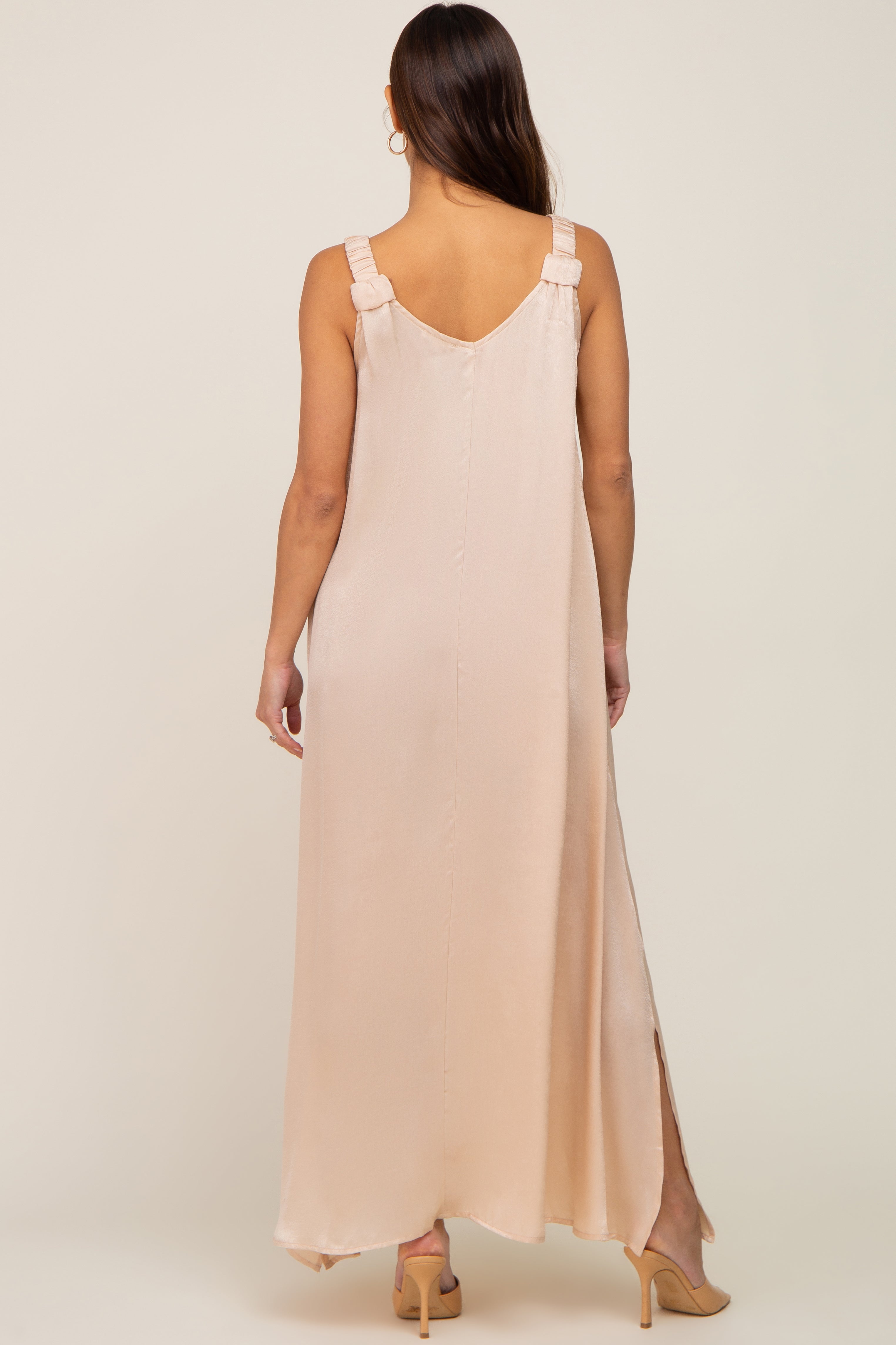 Elegant Beige Satin Maternity Maxi Dress with Side Slit - Perfect for Baby Showers, Maternity Photos & Special Occasions