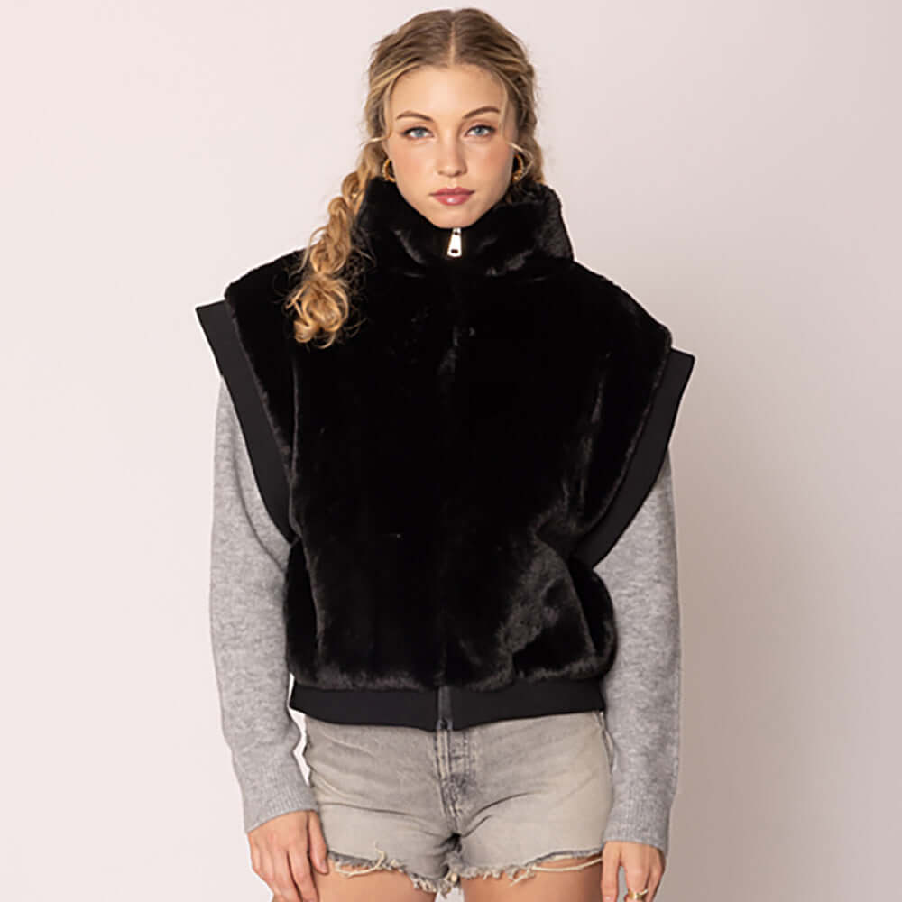 Women's Black Faux Fur Rib Sleeve Vest - Winter Warm Fashion Coat for Casual Outfits & Party Wear