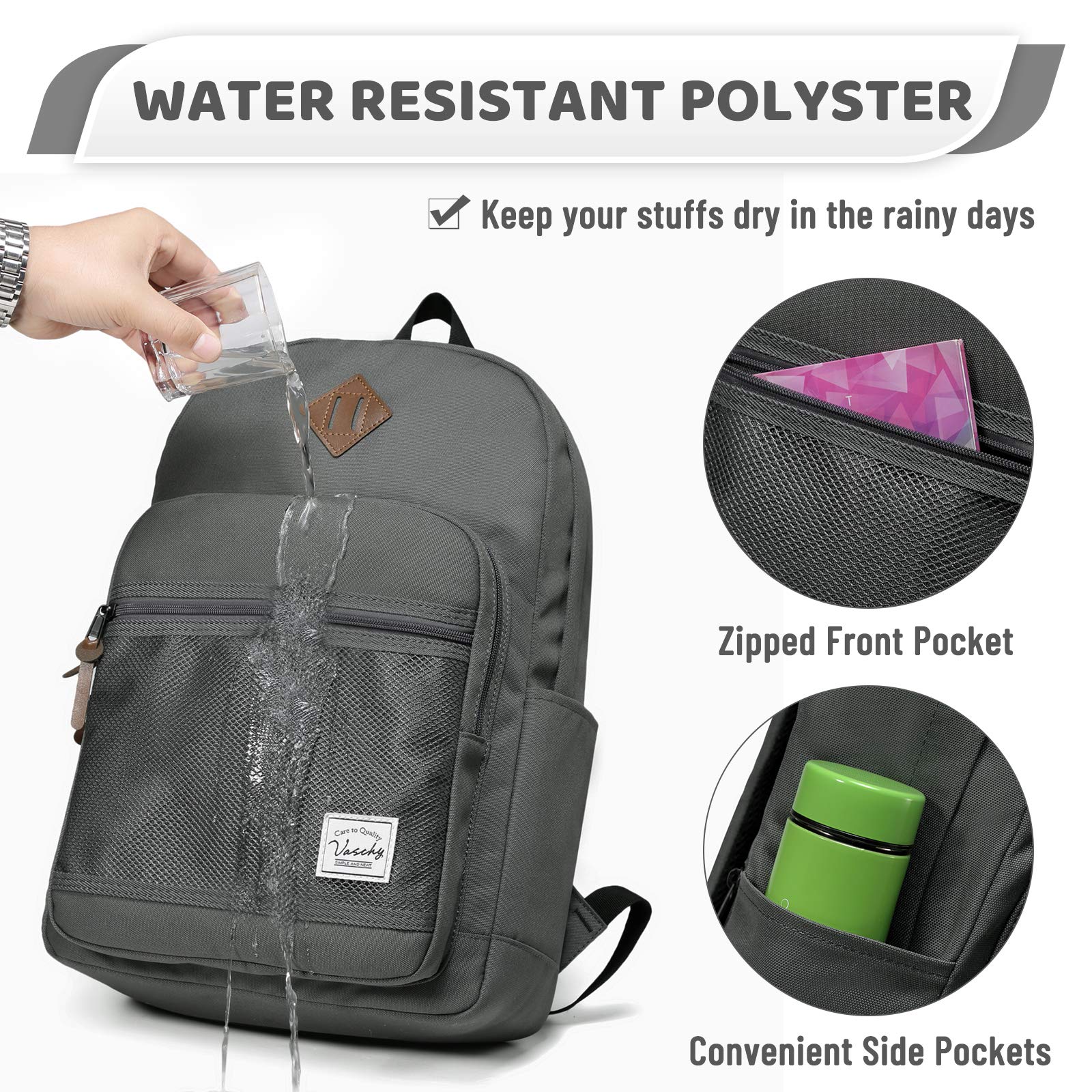 VASCHY Waterproof Lightweight School Backpack for Men & Women - 15.6 Inch Laptop Backpack with Padded Sleeve, Dark Gray - Perfect for College, Work, Travel & Daily Commute
