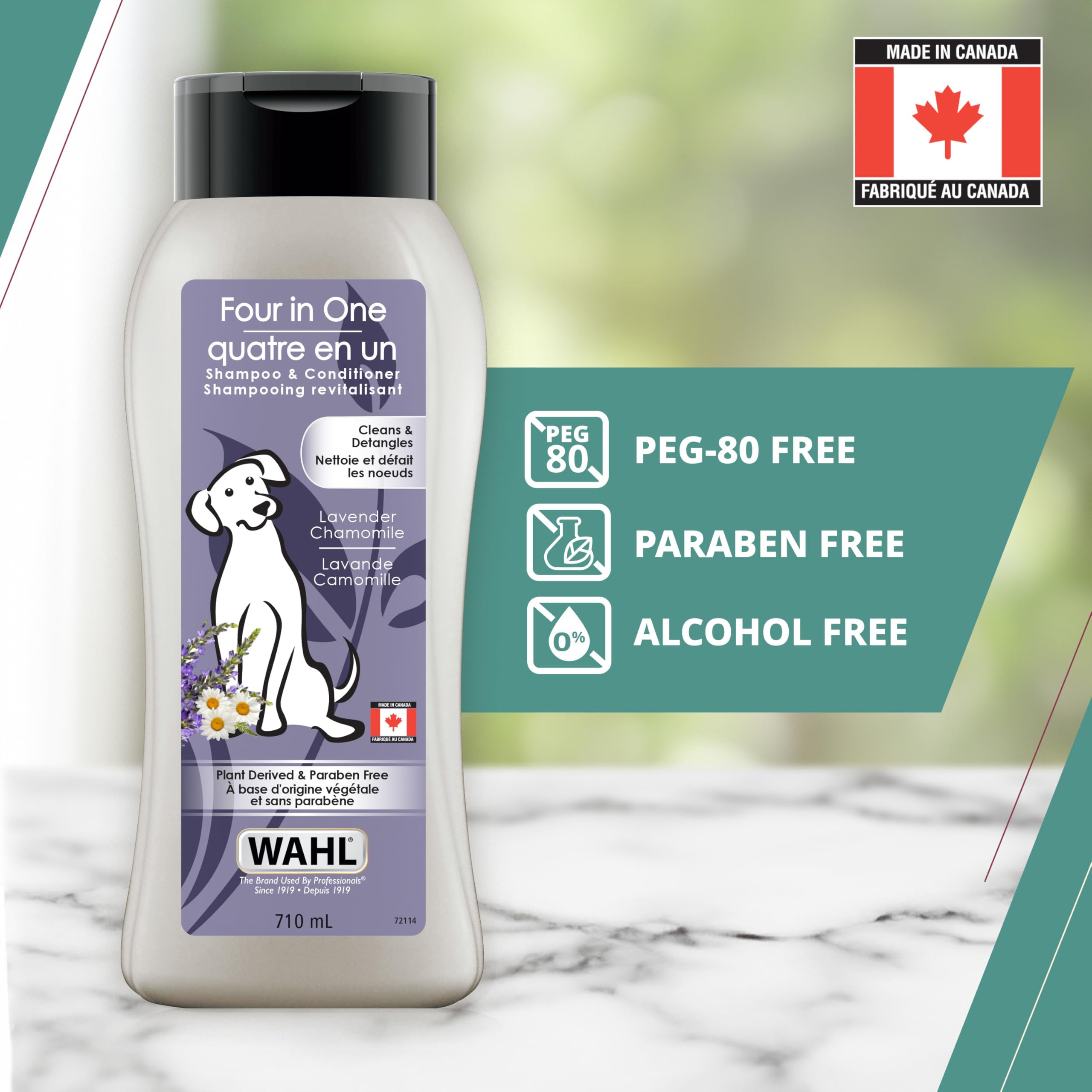 Wahl Canada 4-in-1 Dog Shampoo & Conditioner - Lavender Chamomile Scent, Plant-Based Formula for Cleaning, Conditioning, Detangling & Moisturizing | Paraben-Free, 700ml (Model 58318) | Made in Canada | Perfect for Bath Time & Grooming Sessions