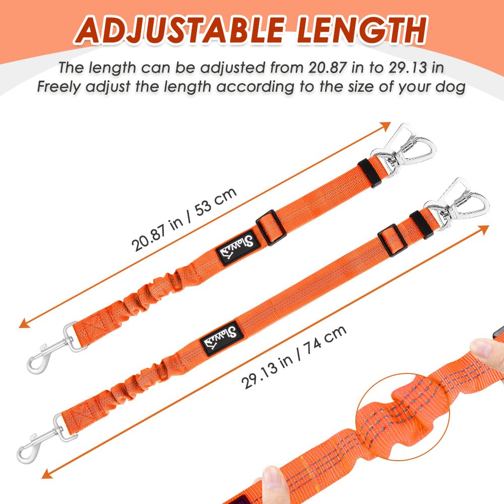 SlowTon 2 Pack Heavy Duty Adjustable Dog Seat Belt - Elastic Bungee Buffer Nylon Reflective Pet Safety Tether for Car Travel, Connects to Harness with Dual Clip (Orange) - Perfect for Road Trips & Safe Vehicle Rides with Your Pet
