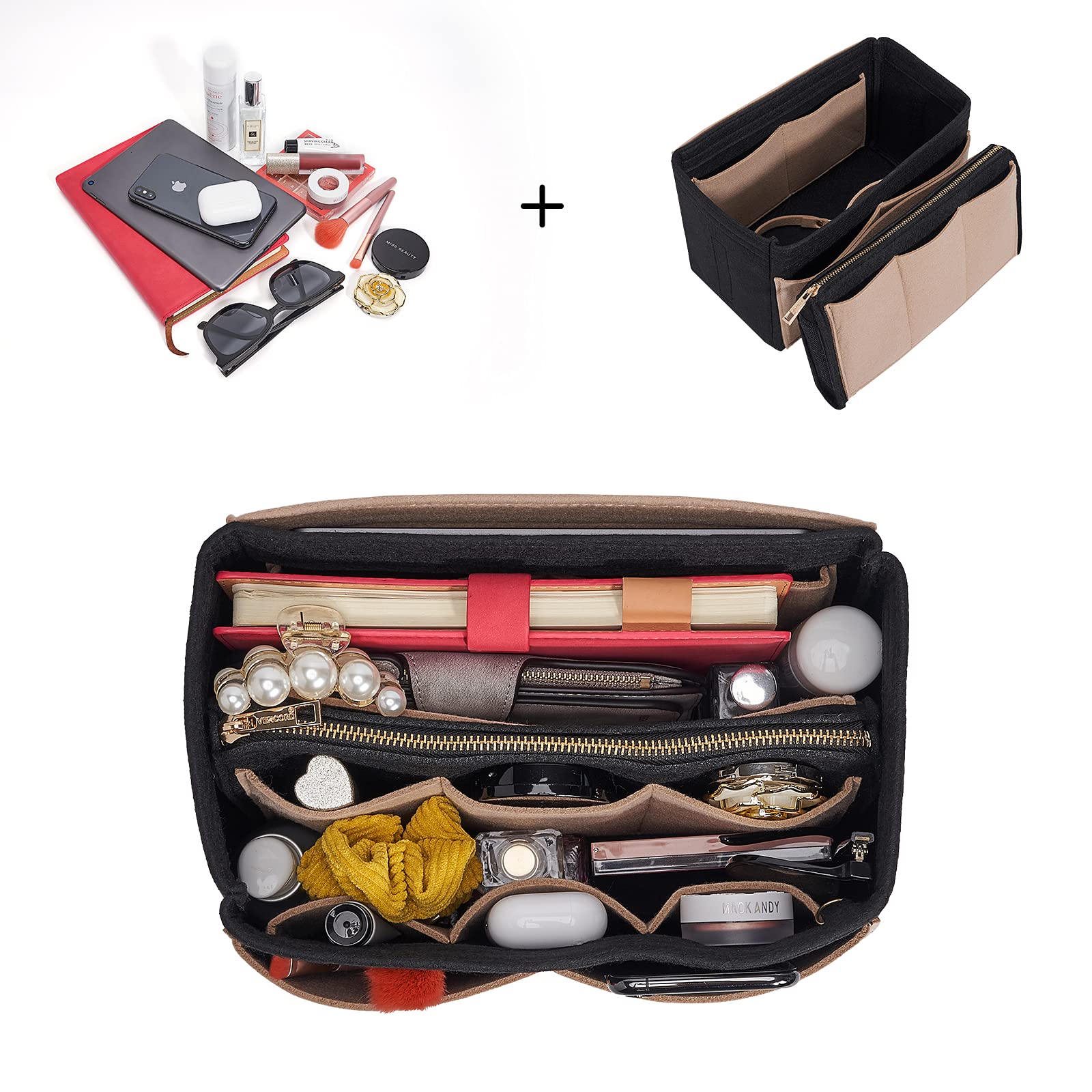 Vercord Felt Purse Organizer Insert for Handbags & Tote Bags - Neo Black & Beige X-Large - Perfect for Organizing Makeup, Wallet, and Essentials in Your Bag