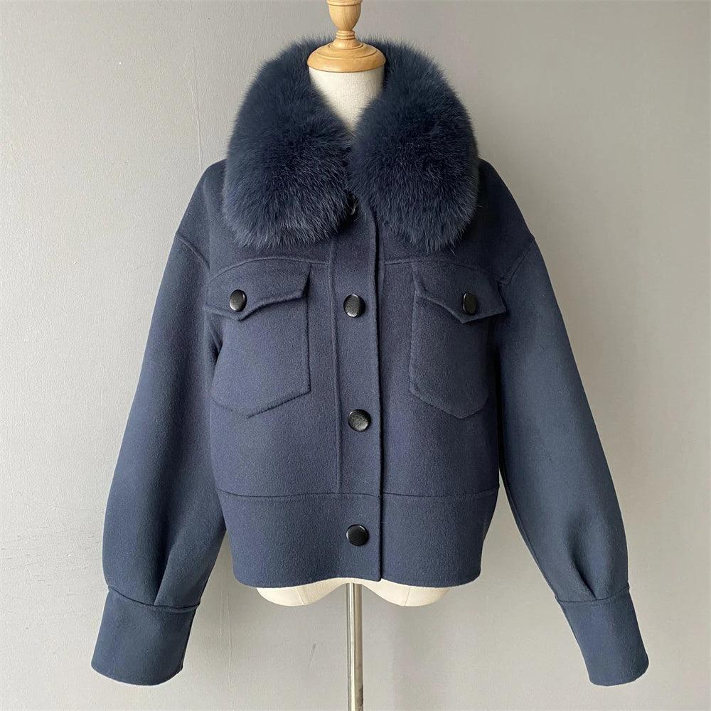 Luxury Women's Cashmere Wool Coat with Real Fur Collar - Winter Cropped Jacket, Full Sleeves & Pockets - Streetwear Outerwear for Cold Weather & Fashion Outings