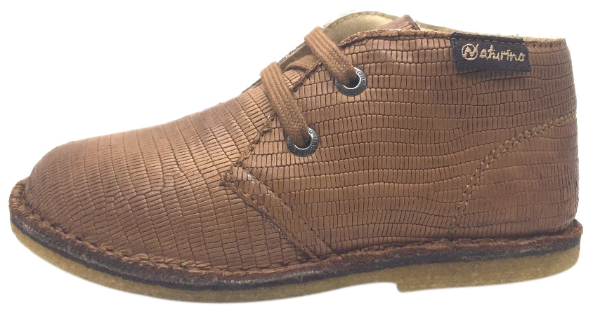 Naturino Boys' 9152 Tan Alligator Print Leather Lace-Up Ankle Boots - Stylish & Comfortable Kids' Shoes for School, Outdoor Play & Special Occasions