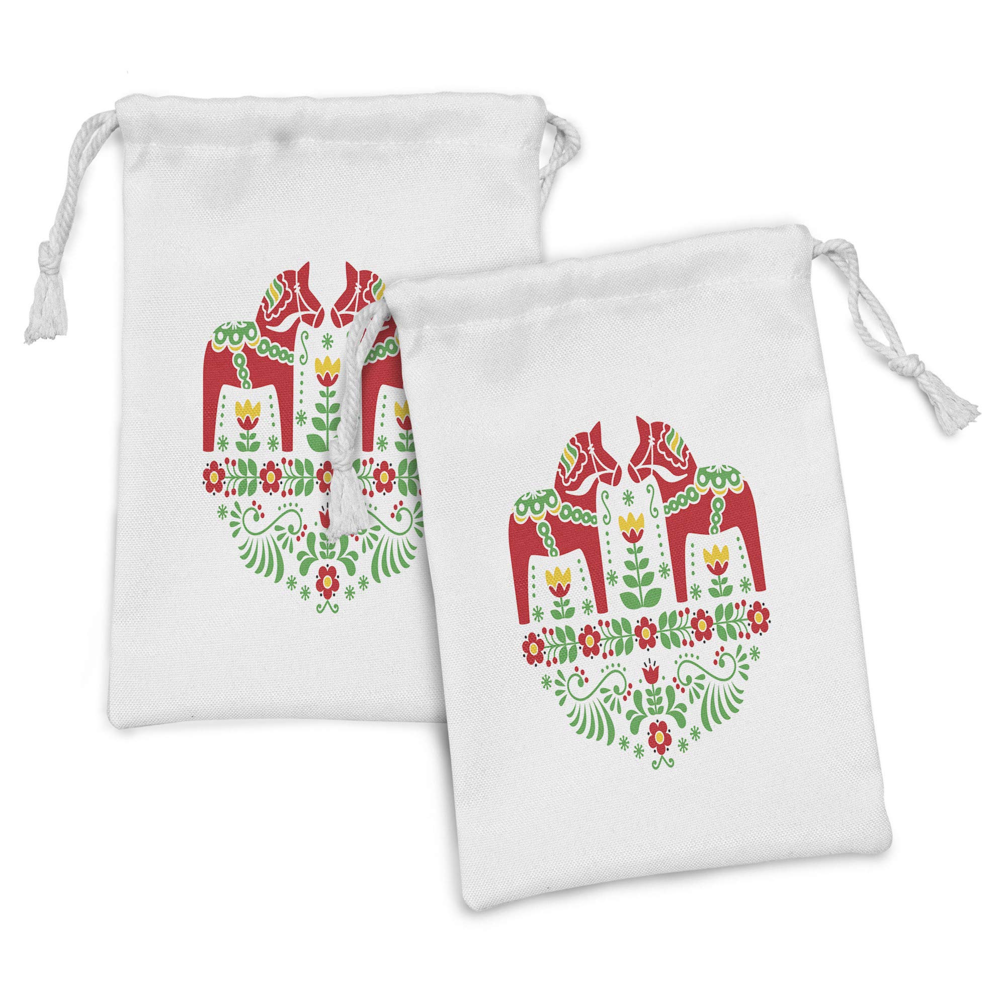 Ambesonne Polish Folk Fabric Pouch Set of 2 - Floral & Dala Horse Symmetric Design Drawstring Bags (9