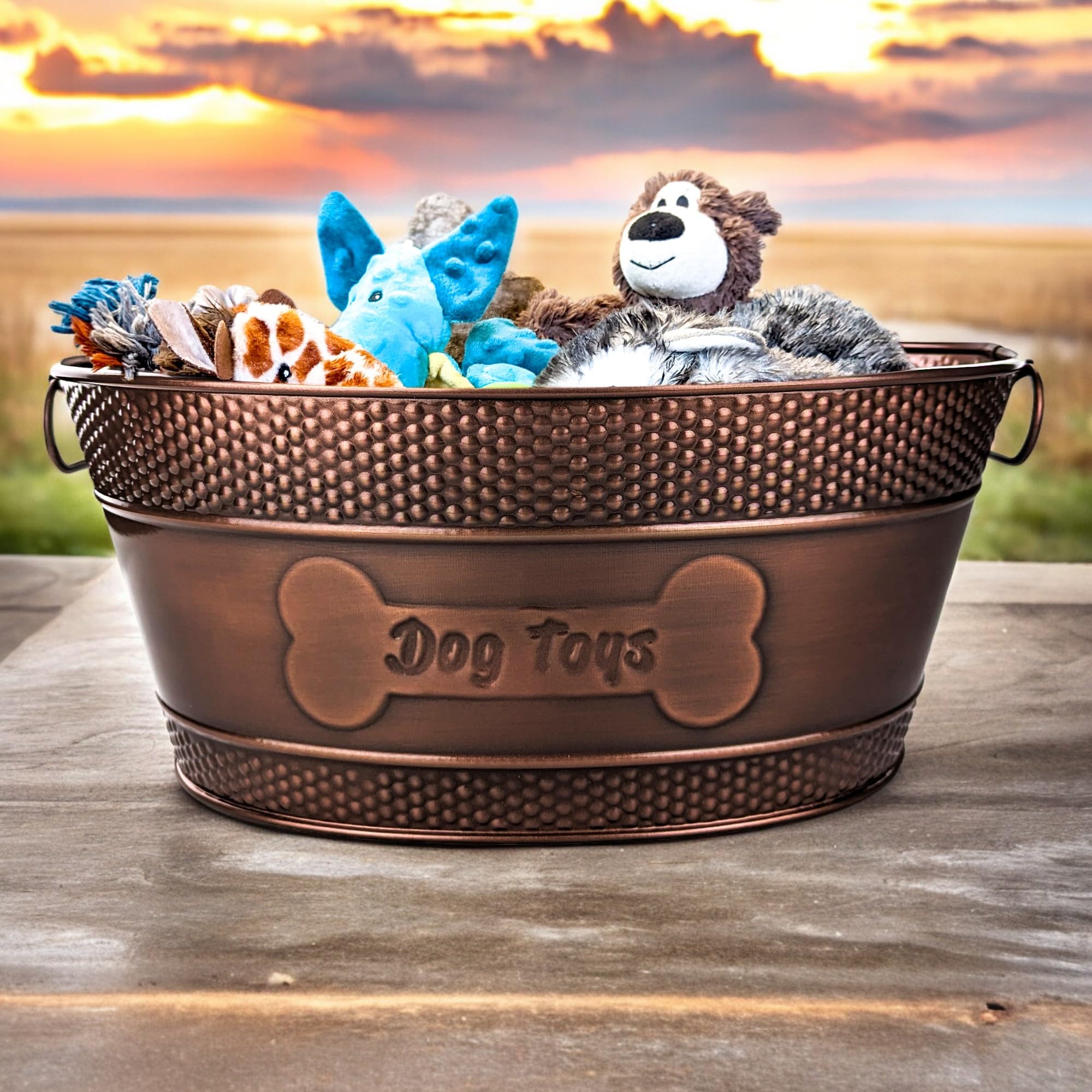 Durable Metal Dog Toy Storage Bin - Galvanized Copper Dog Toy Organizer with Handles for Chew Toys, Blankets & Leashes | Pet Bone Design Toy Box (15-Quart) | Perfect for Living Room, Bedroom & Dog Play Area Organization