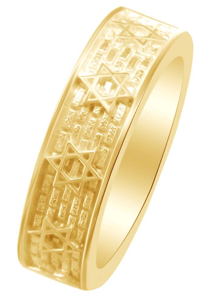 14K Gold Over Sterling Silver Hanukkah Star of David & Bricks Wedding Band Ring - 6MM Wide Jewish Jewelry for Holidays, Weddings & Special Occasions