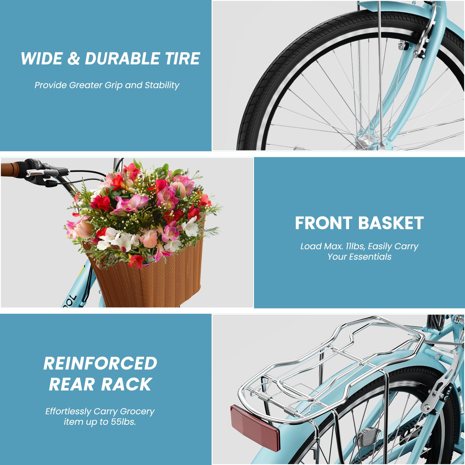 24/26 Inch Women's 7-Speed Cruiser Bike with Basket & Lock - Lightweight City Commuter Bicycle for Ladies - Perfect for Beach Rides, Urban Commuting & Leisure Cycling
