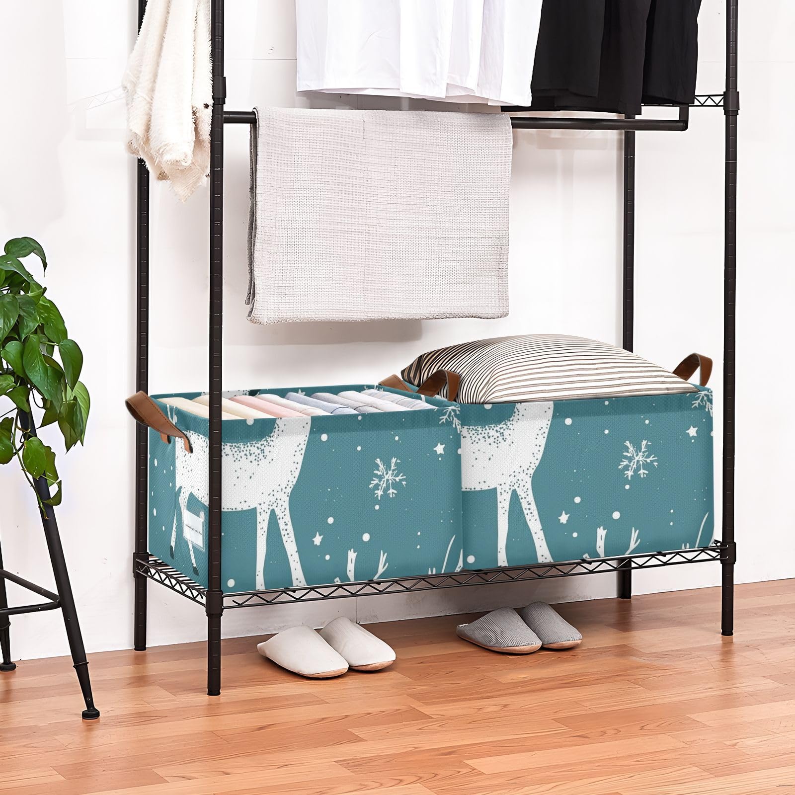 White Merry Christmas Deer Snowflake Fabric Storage Bins with Handles - 2 Pack Organizer Cubes for Shelves, Closet & Wardrobe - Perfect for Holiday Decor & Home Organization