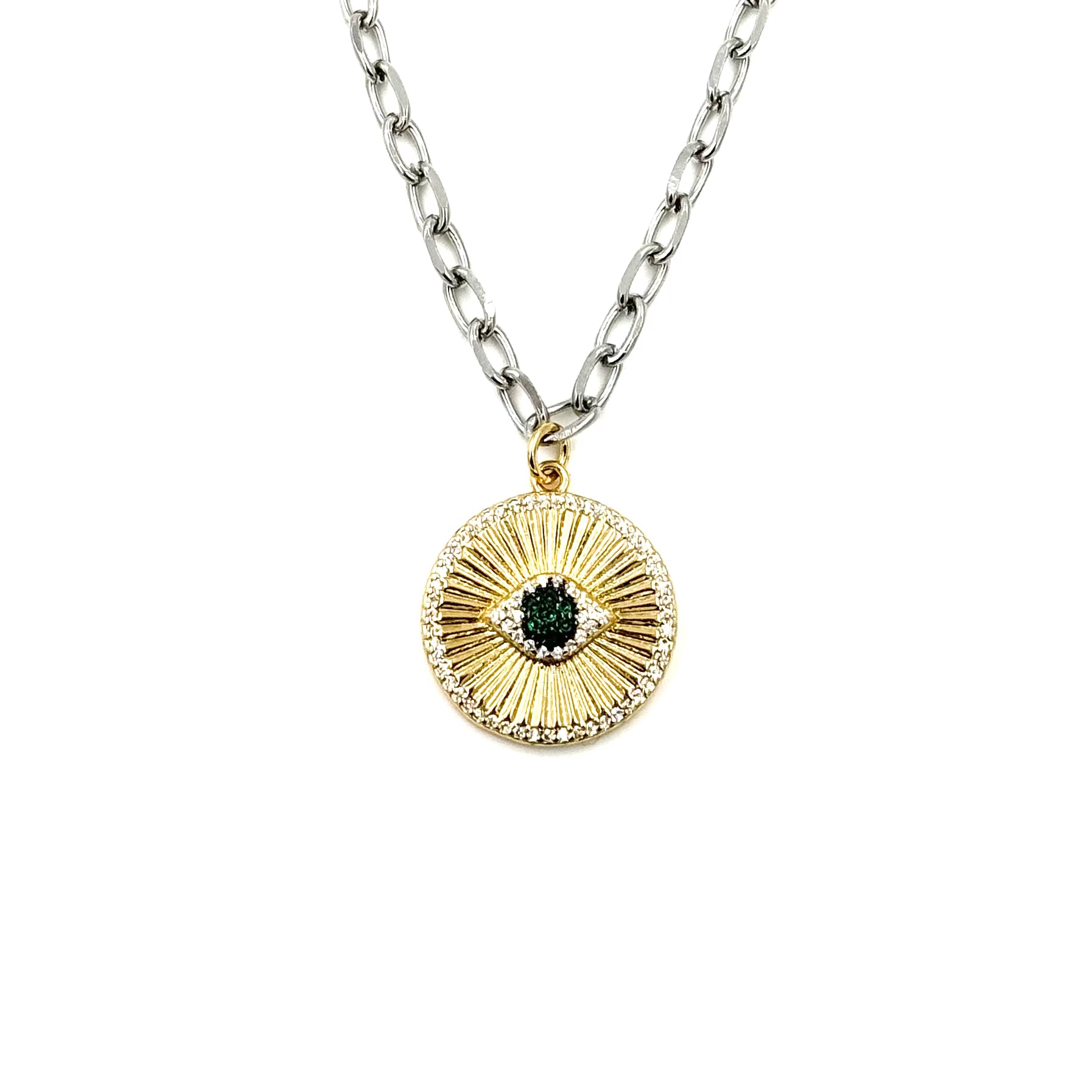 Ashley Gold Stainless Steel Evil Eye Necklace - 18K Gold Plated Two-Tone CZ Pendant Jewelry for Women - Perfect for Protection, Gift Giving & Everyday Wear
