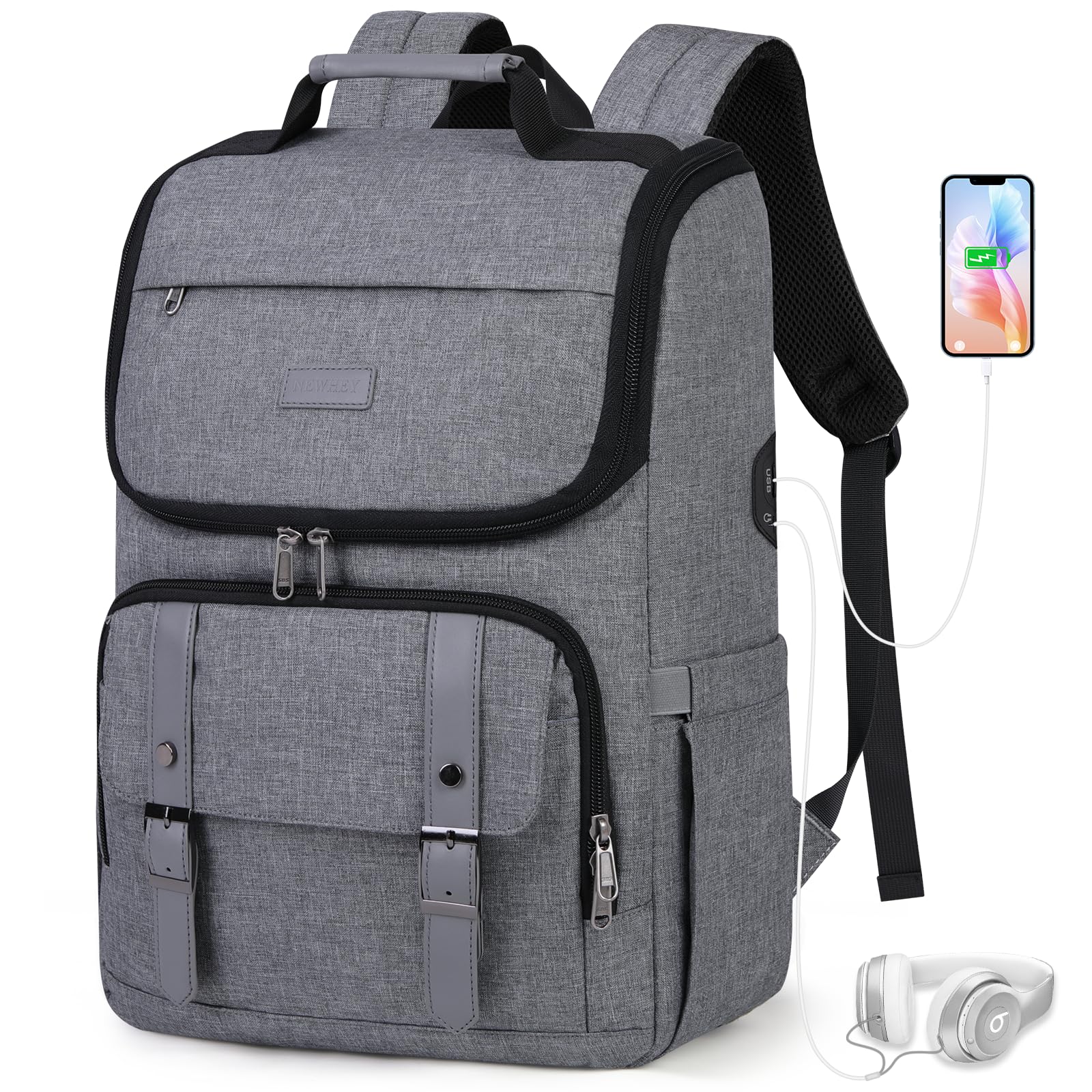 15.6 Inch Waterproof Laptop Backpack for Men & Women - TSA Friendly Business Travel Backpack with USB Charging Port, Grey | Perfect for Work, Commuting & Airplane Carry-On