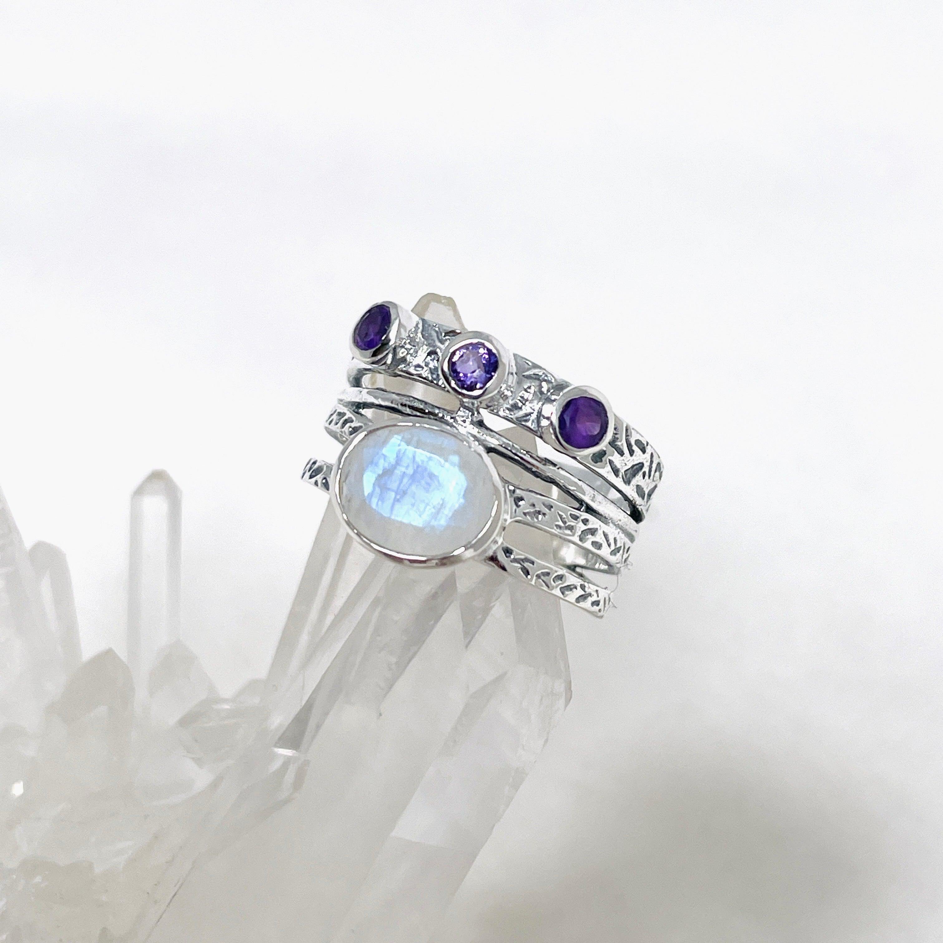 Moonstone & Amethyst Faceted Gemstone Ring R3783 - Elegant Handmade Jewelry for Women, Perfect for Weddings, Parties & Special Occasions